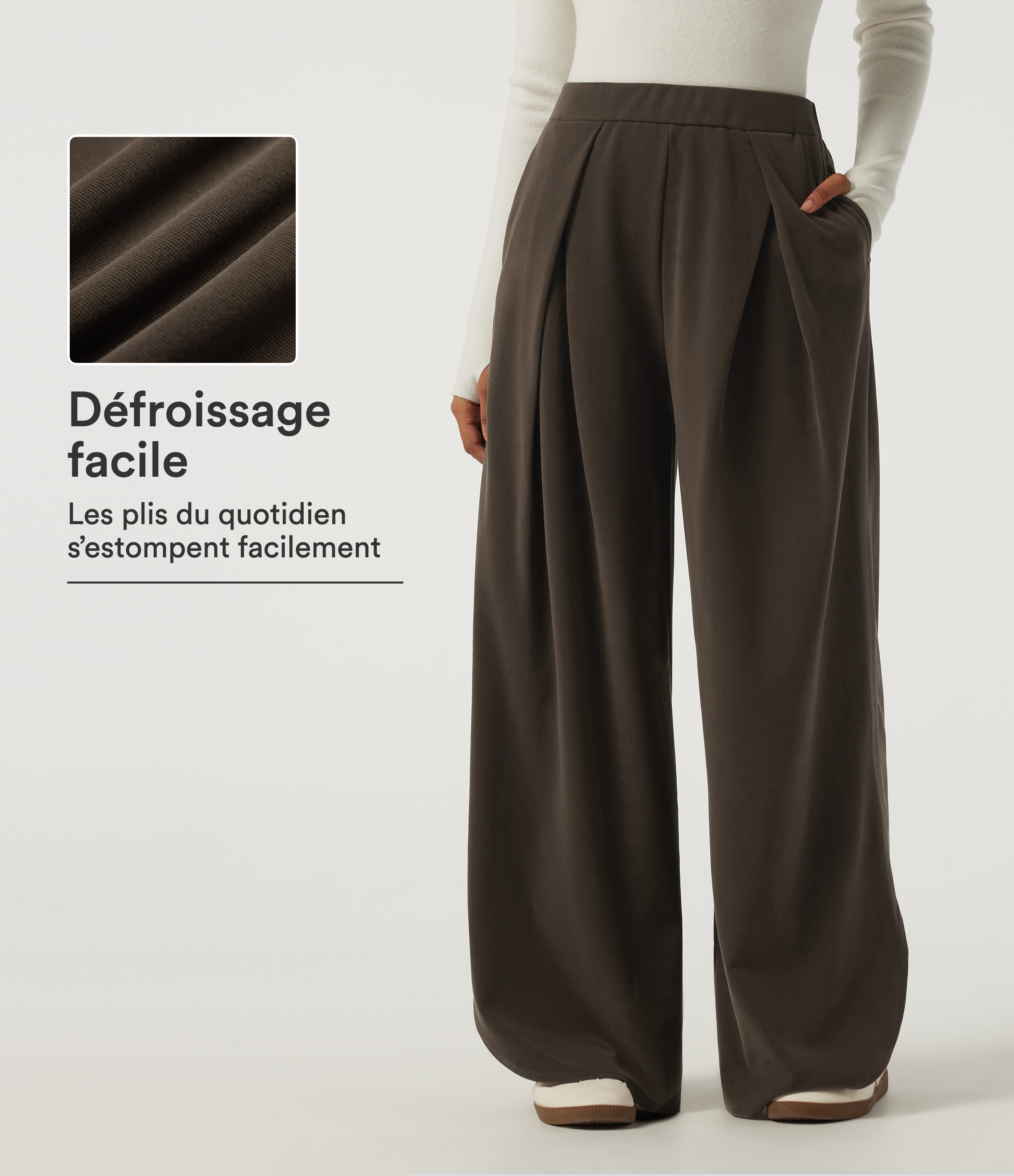 Demitasse Pantalon baggy en velours côtelé taille haute à défroissage facile avec fentes à l’ourlet et poches / 1