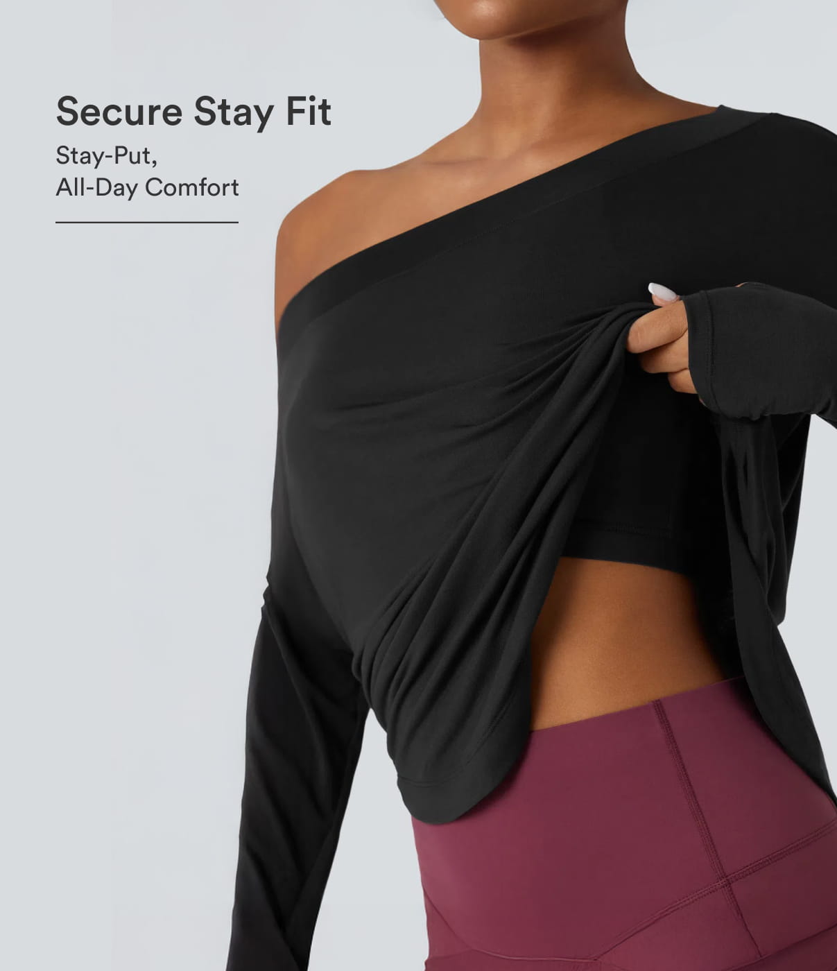 Top deportivo de yoga de un solo hombro, manga larga con agujero para el pulgar, dobladillo curvo estilo high-low (frente más corto, espalda más larga), de secado rápido, con sujetador incorporado