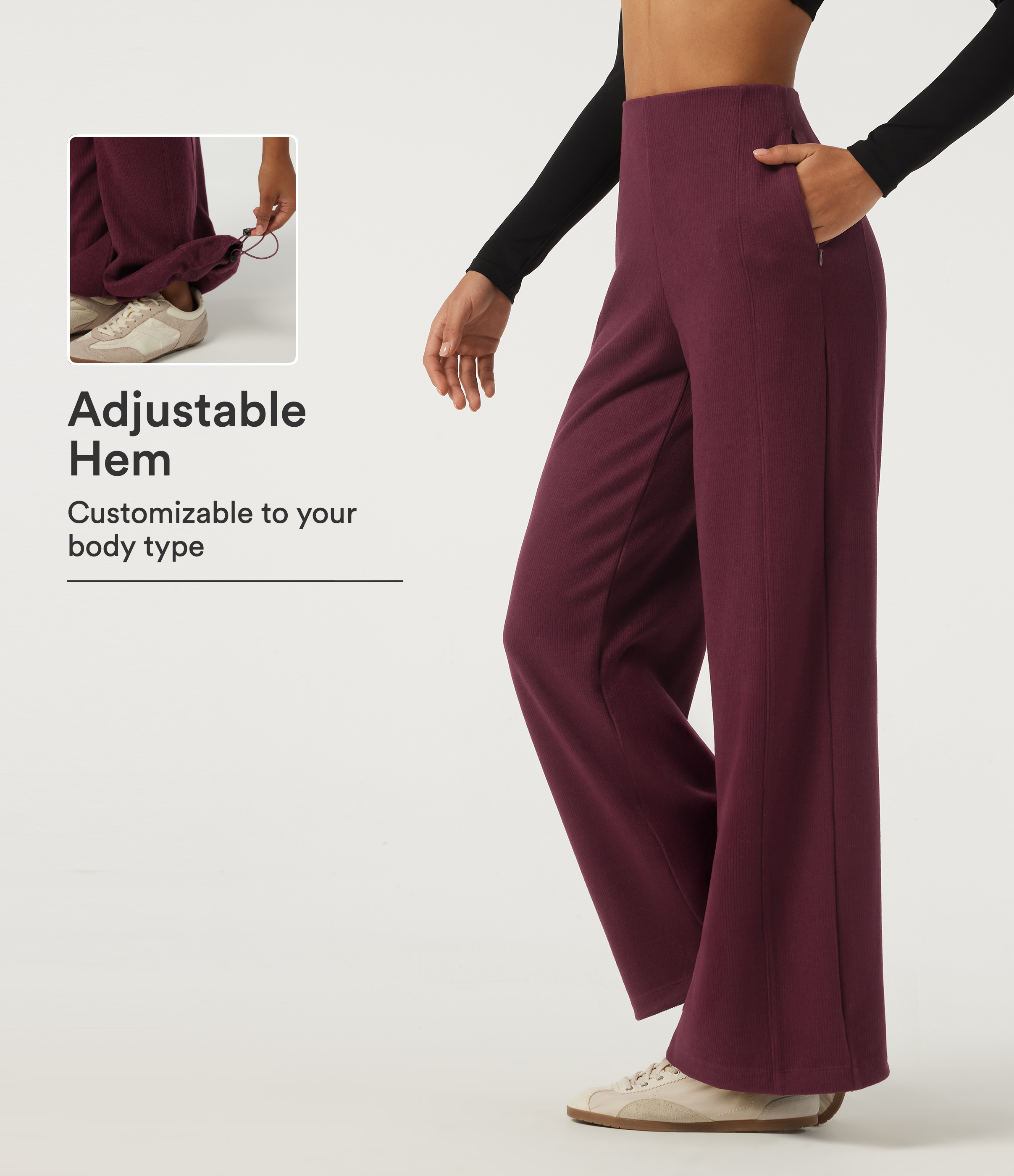 Ribbed High Waisted Wide Leg Adjustable Hem Casual Pants with Pockets