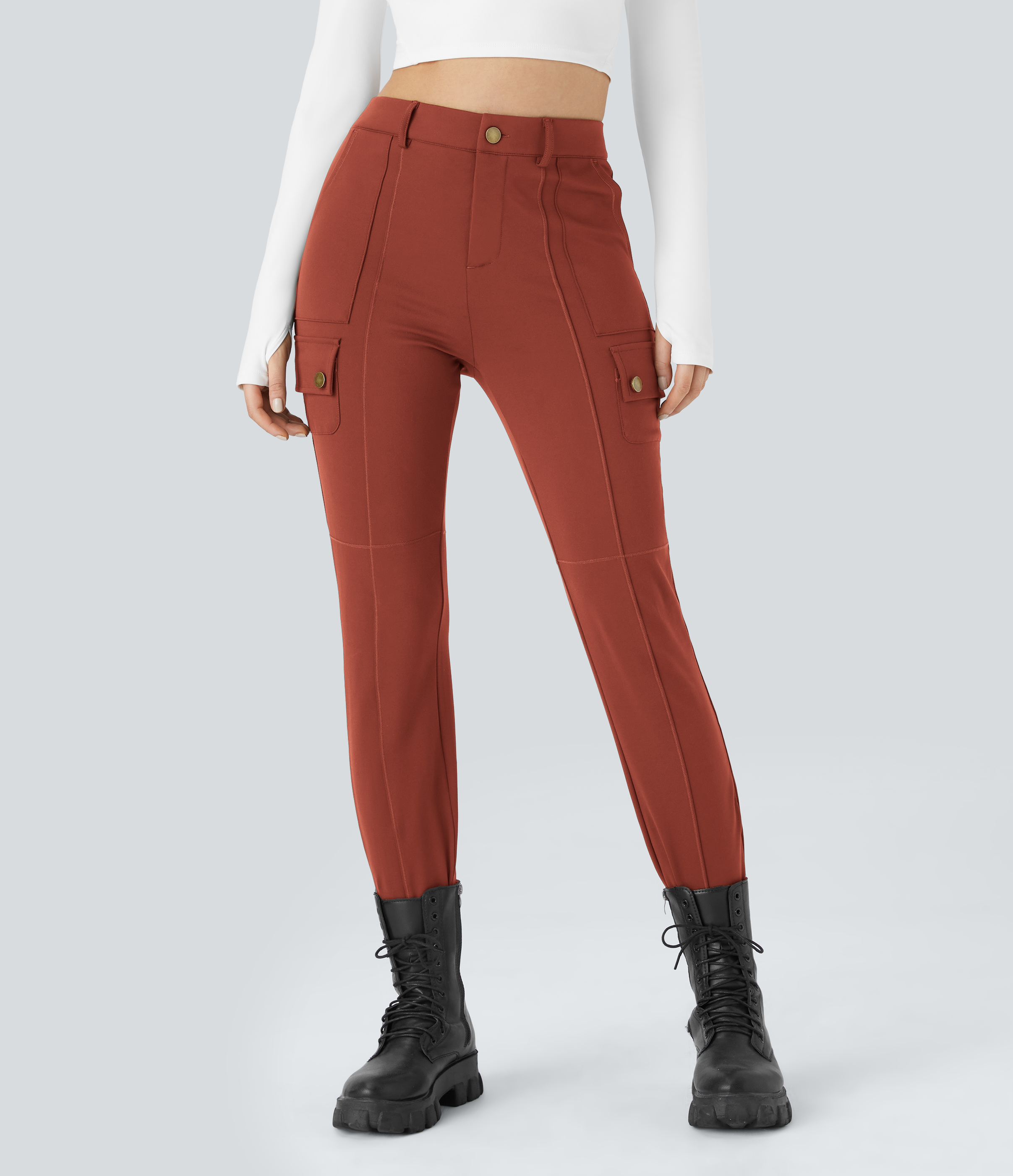 DayStretch High Waisted Zipper Pockets Solid Skinny Hiking Cargo Trousers