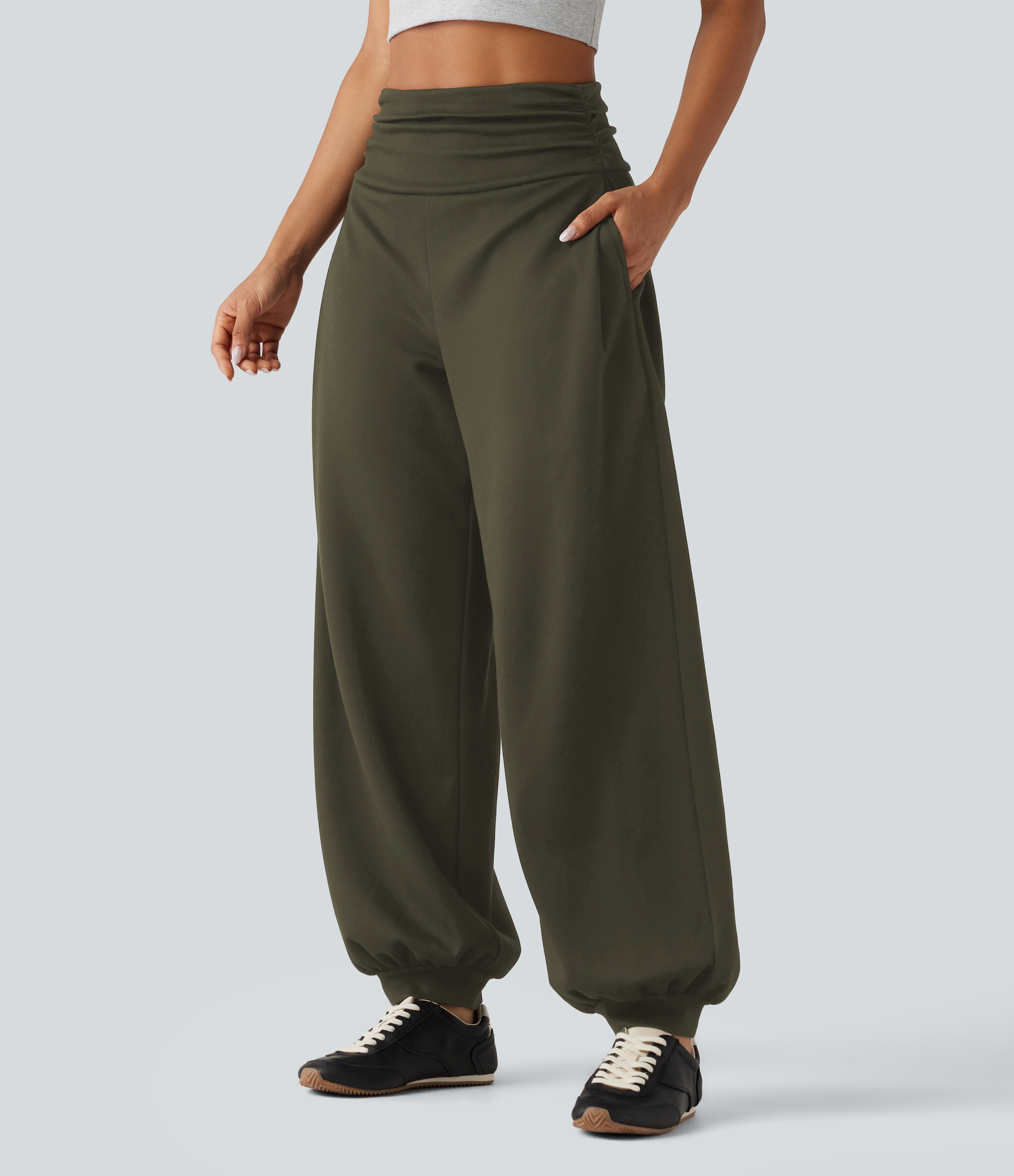 High Waisted Ruched Balloon Casual Joggers with Pockets