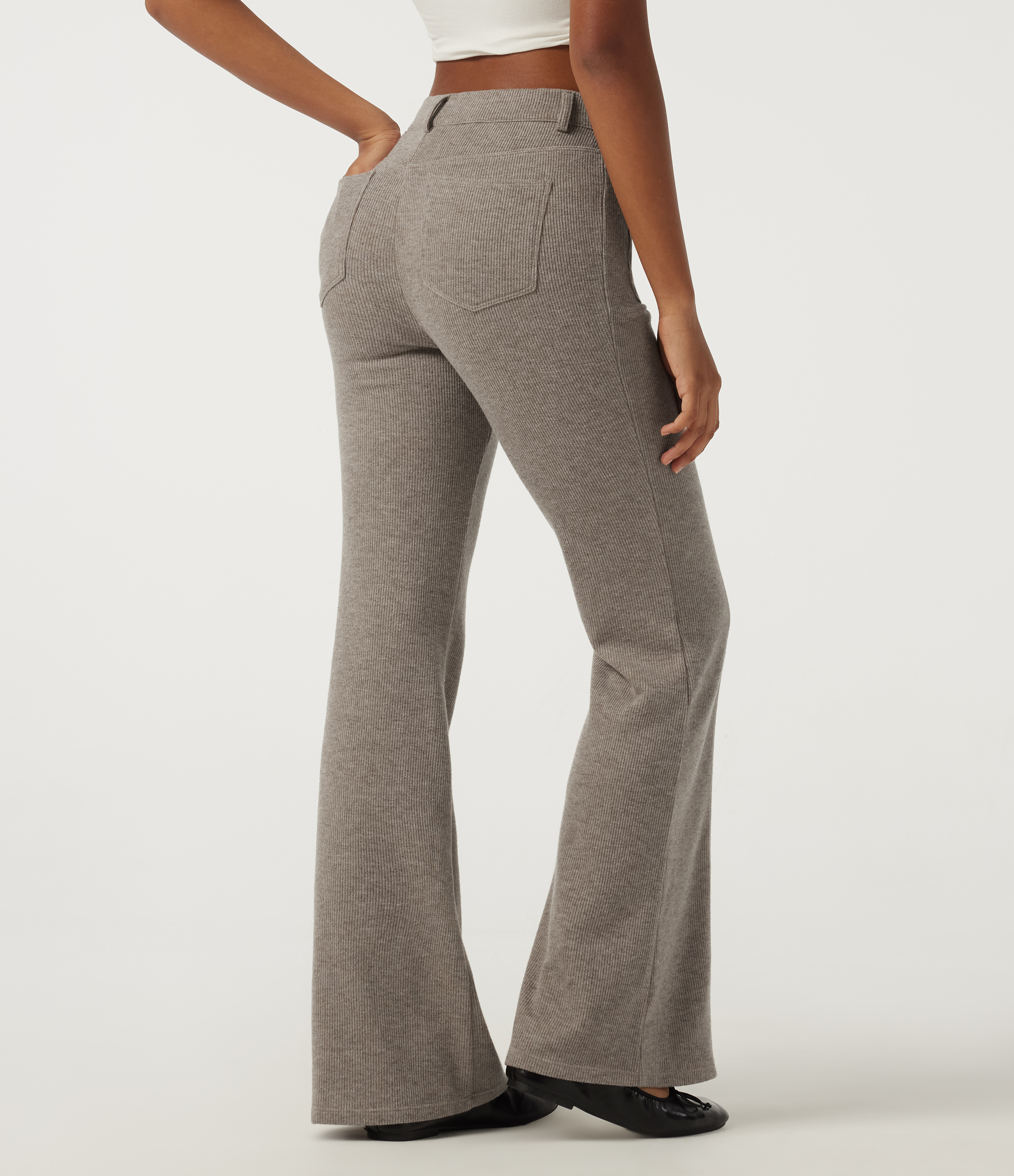  Taupe Stripe Ribbed Mid Rise Casual Flare Pants with Pockets / 2