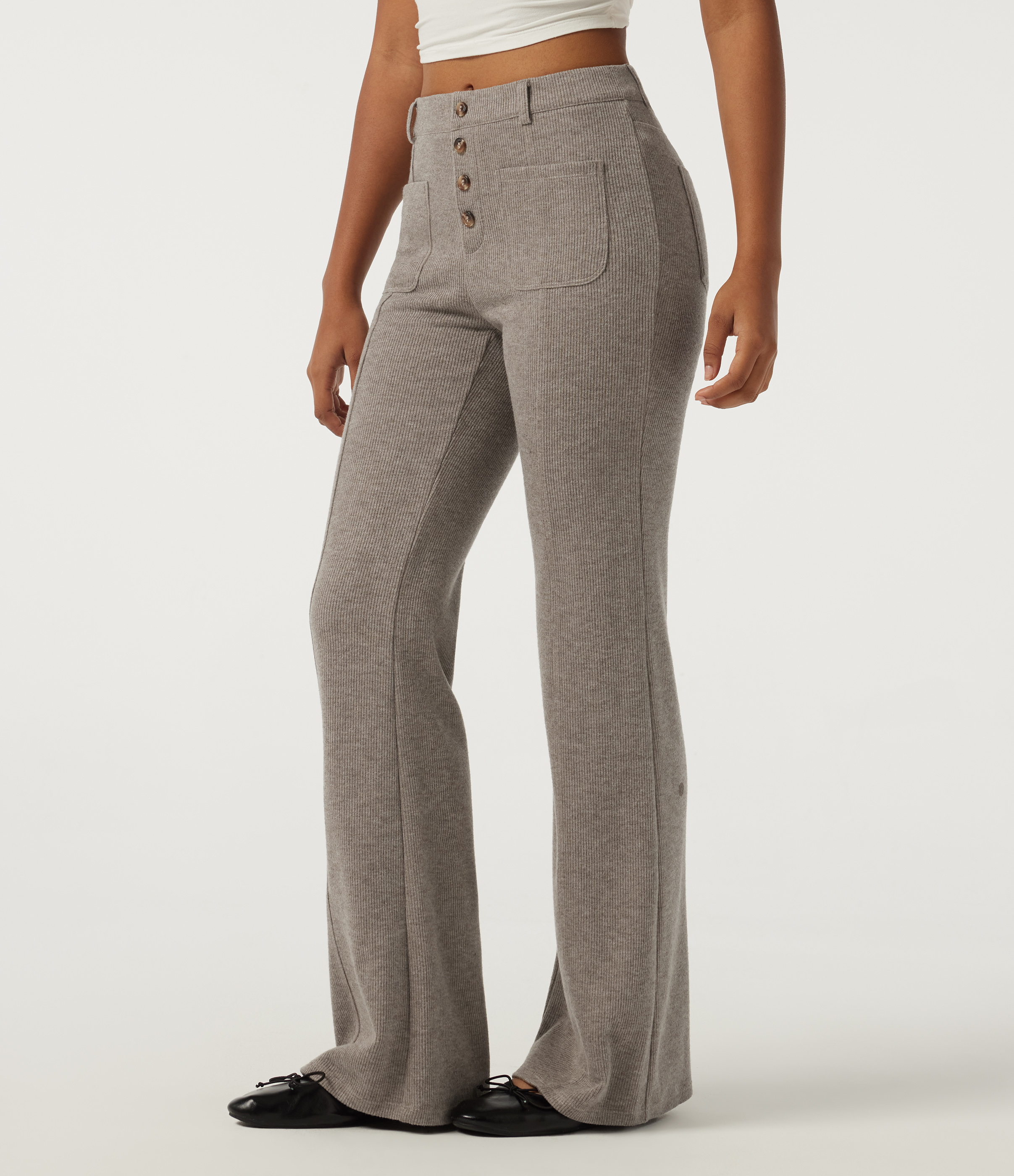 Pantalon évasé côtelé taille mi-haute décontracté avec poches