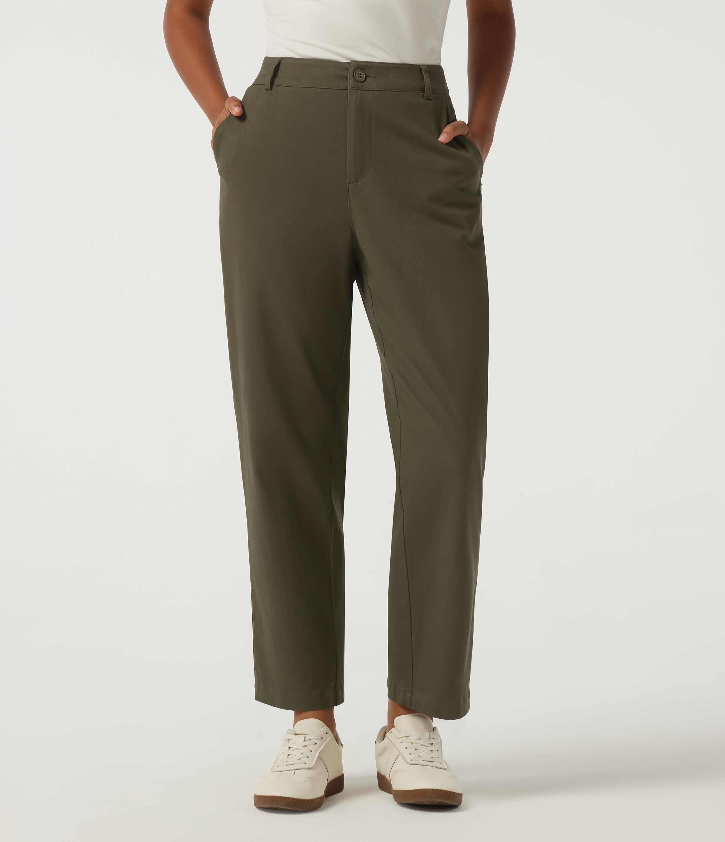 Mid Rise Straight Leg Work Chino Cotton Pants with Pockets