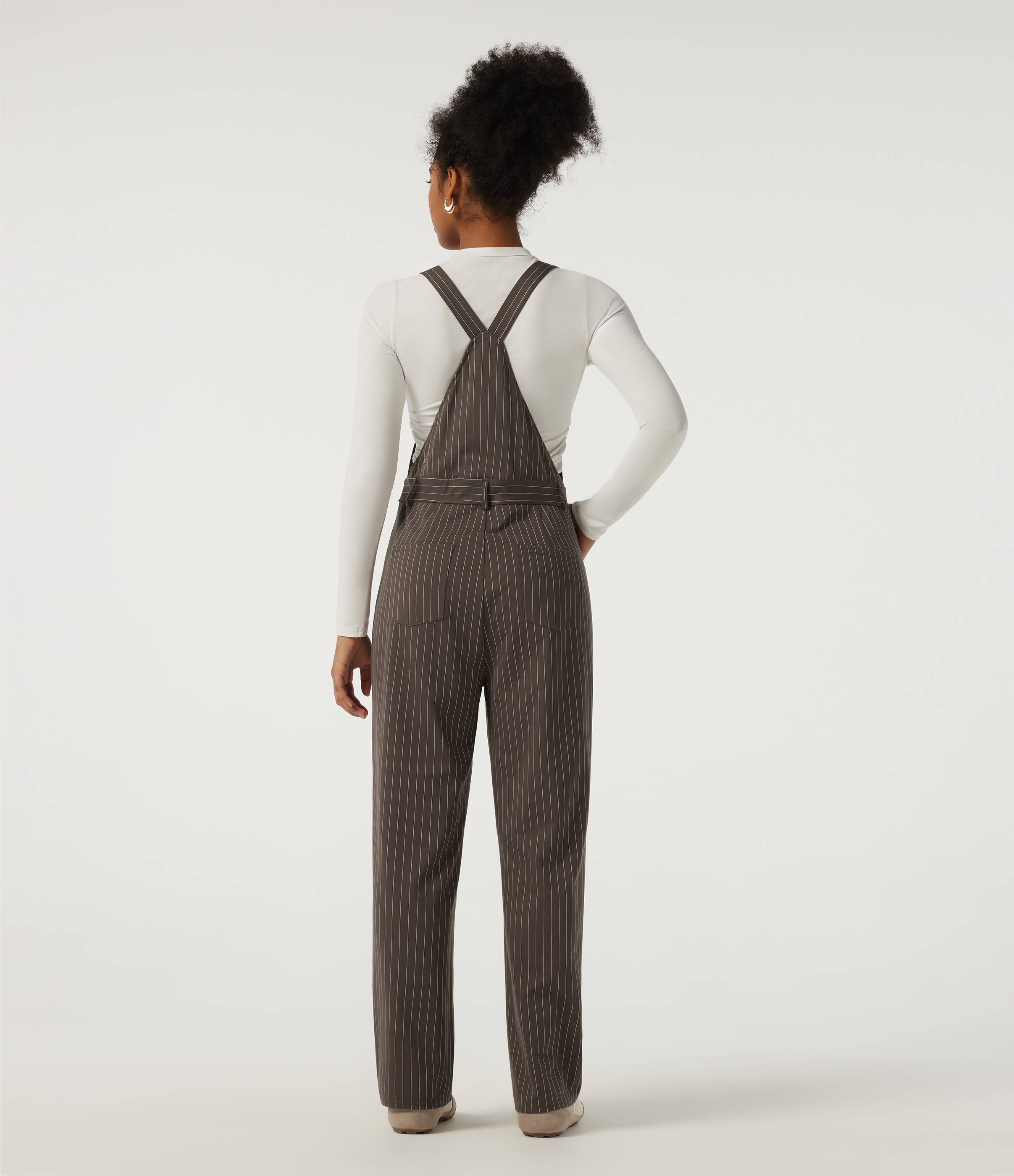 Espresso Cream Stripe Square Neck Straight Leg Stripe Casual Overall with Pockets / 2