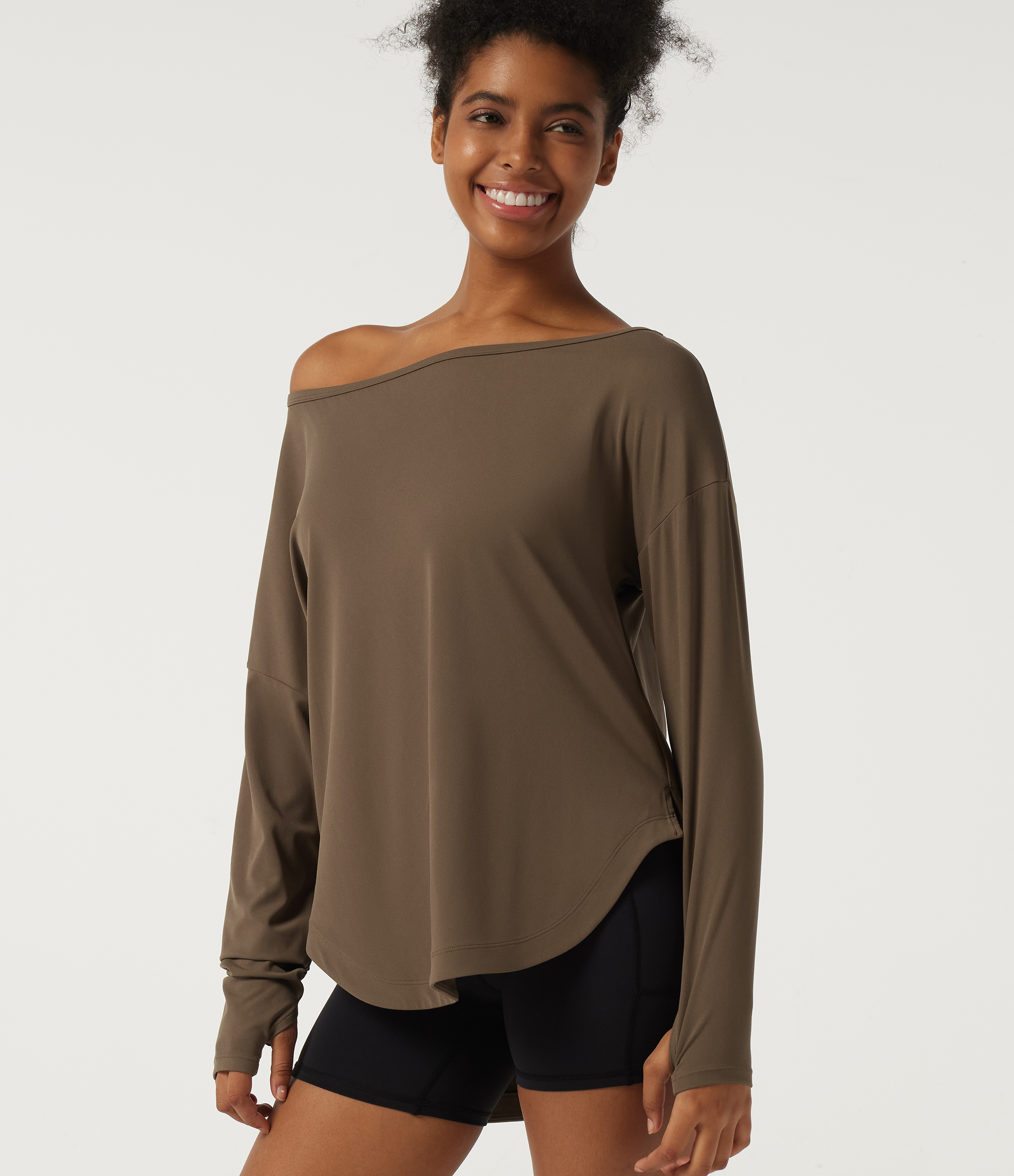SoftlyZero™ One Shoulder Long Sleeve Curved Hem Yoga Sports Top with Thumbholes
