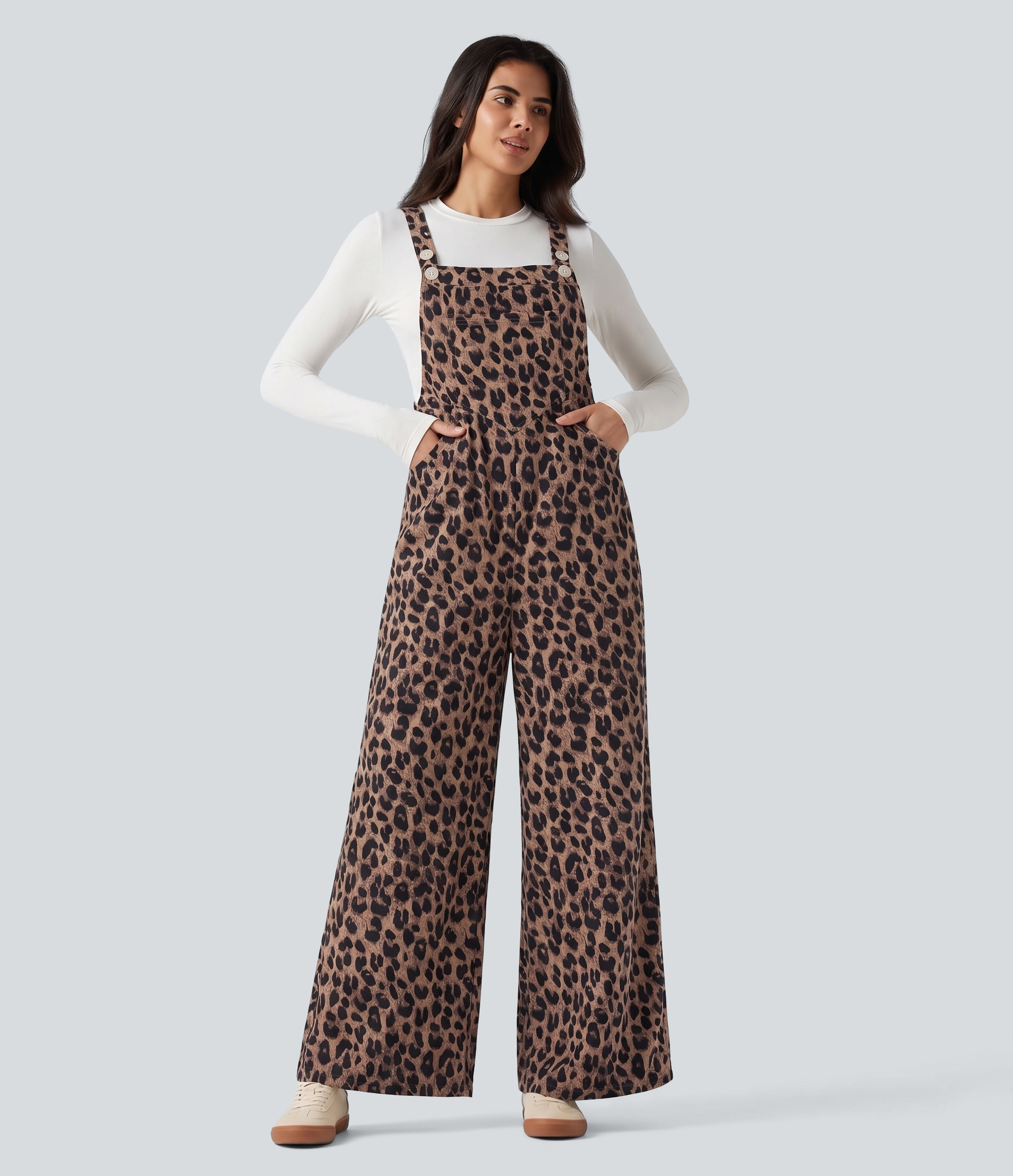 Leopard Print Waffle Casual Overalls with Pockets