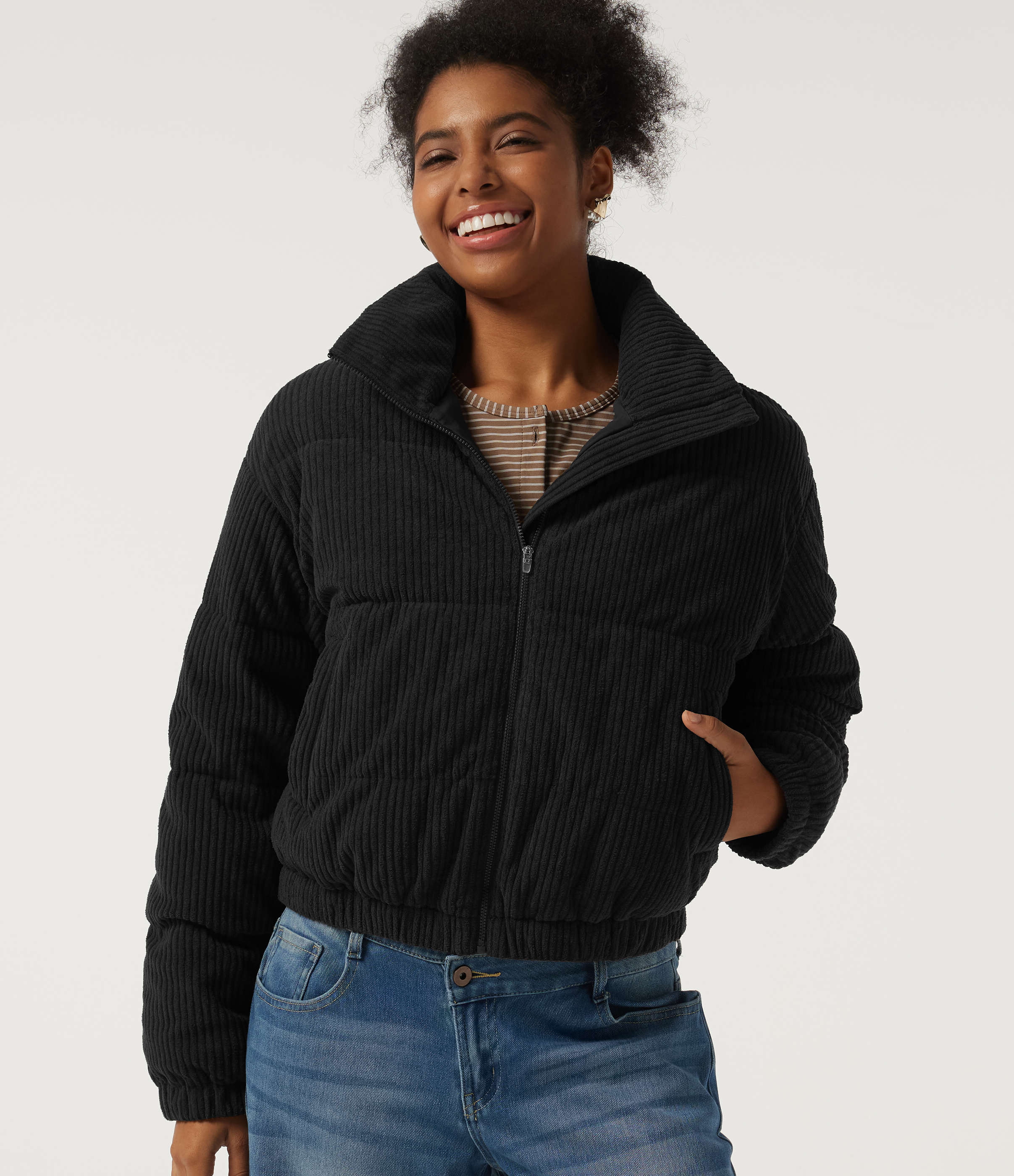 Stand Collar Corduroy Casual Puffer Jacket with Pockets