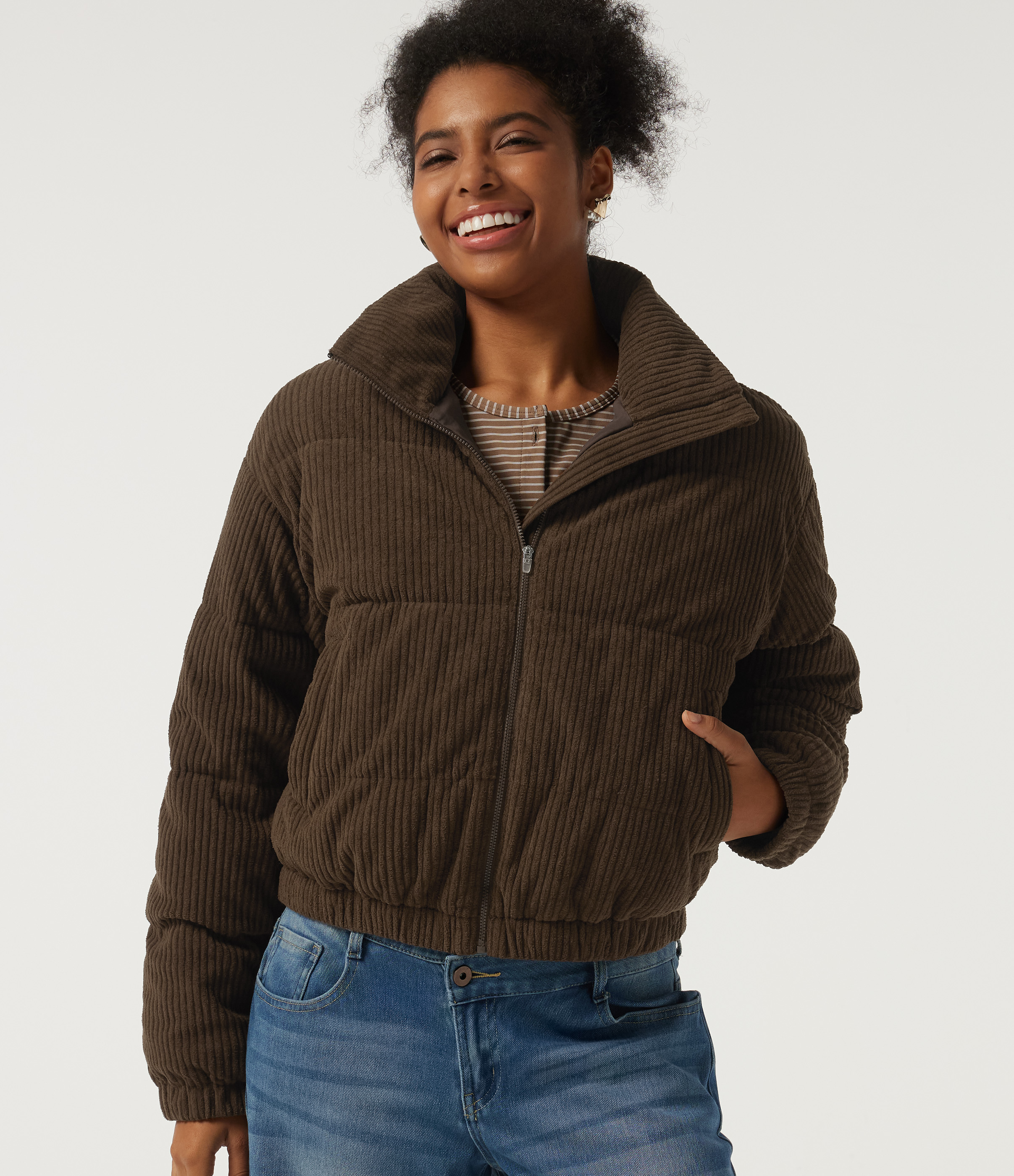 Stand Collar Corduroy Casual Puffer Jacket with Pockets
