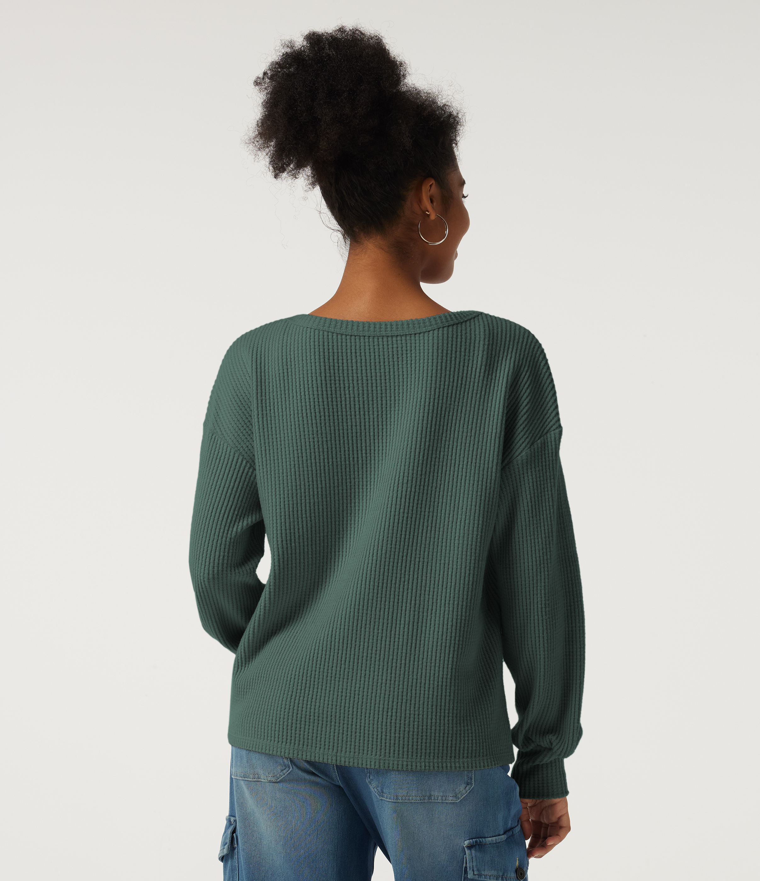 Green Frost Scoop Neck Long Sleeve Waffle Work Sweatshirt / 2
