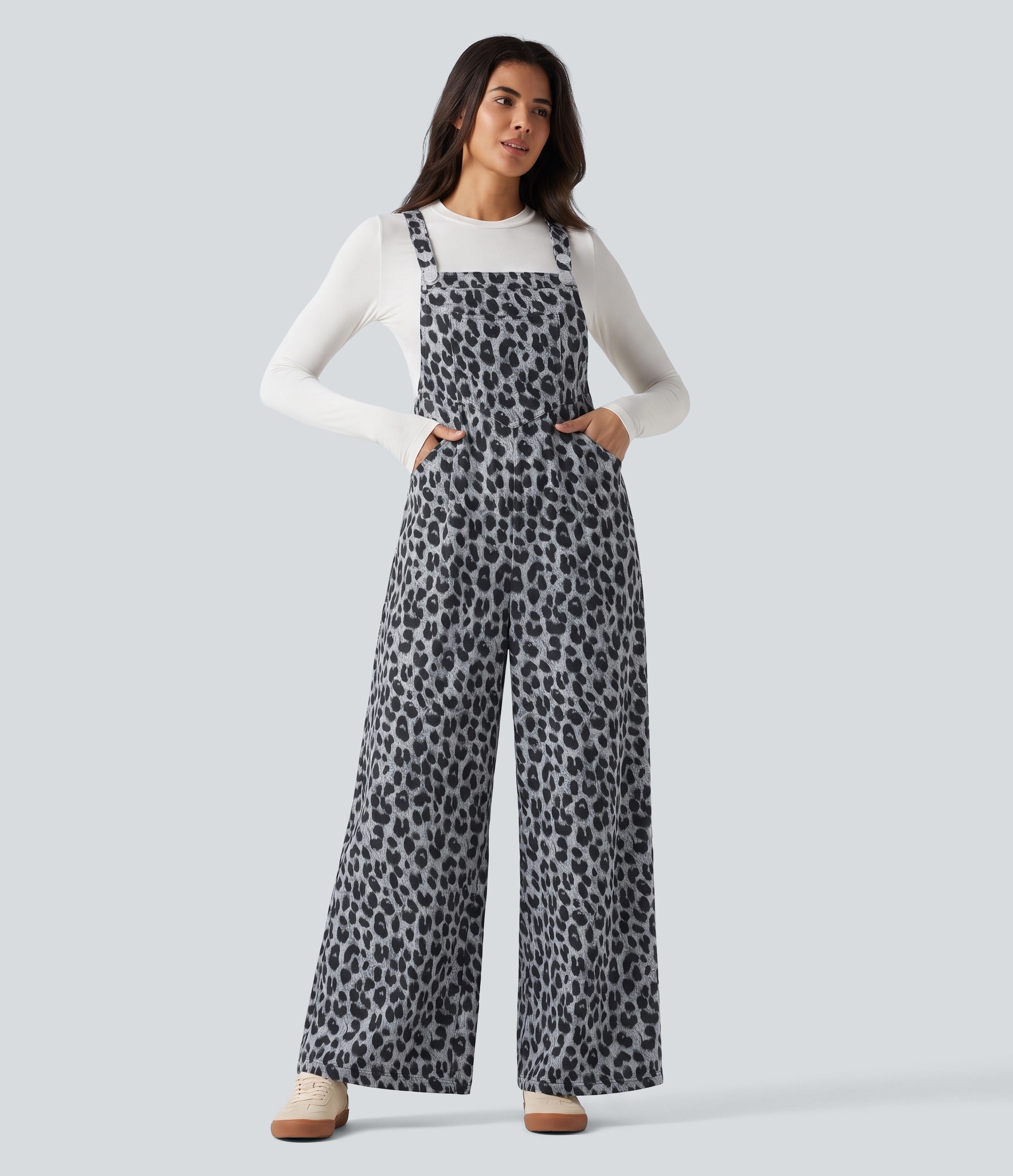 Leopard Print Waffle Casual Overalls with Pockets