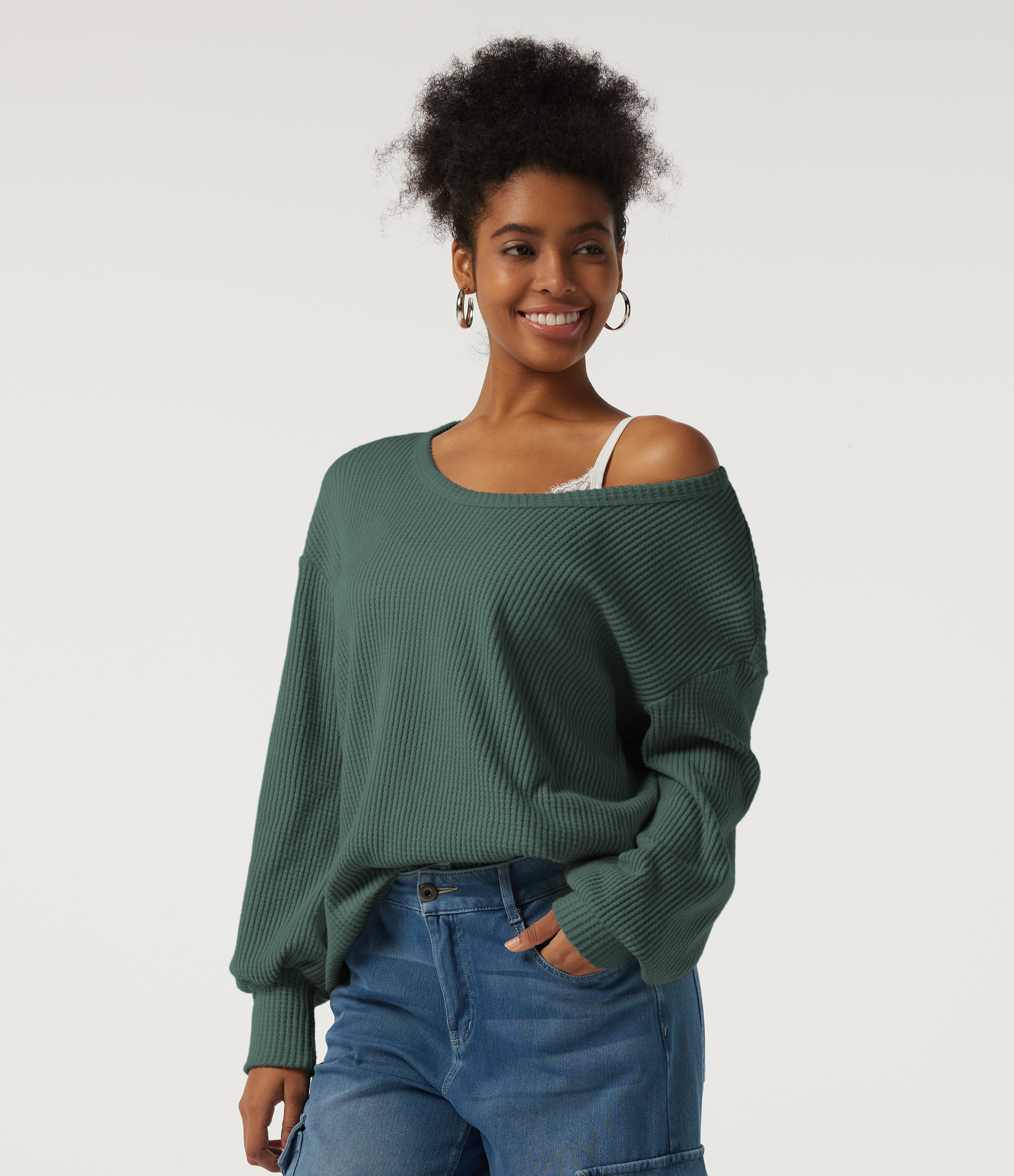 Scoop Neck Long Sleeve Waffle Work Sweatshirt