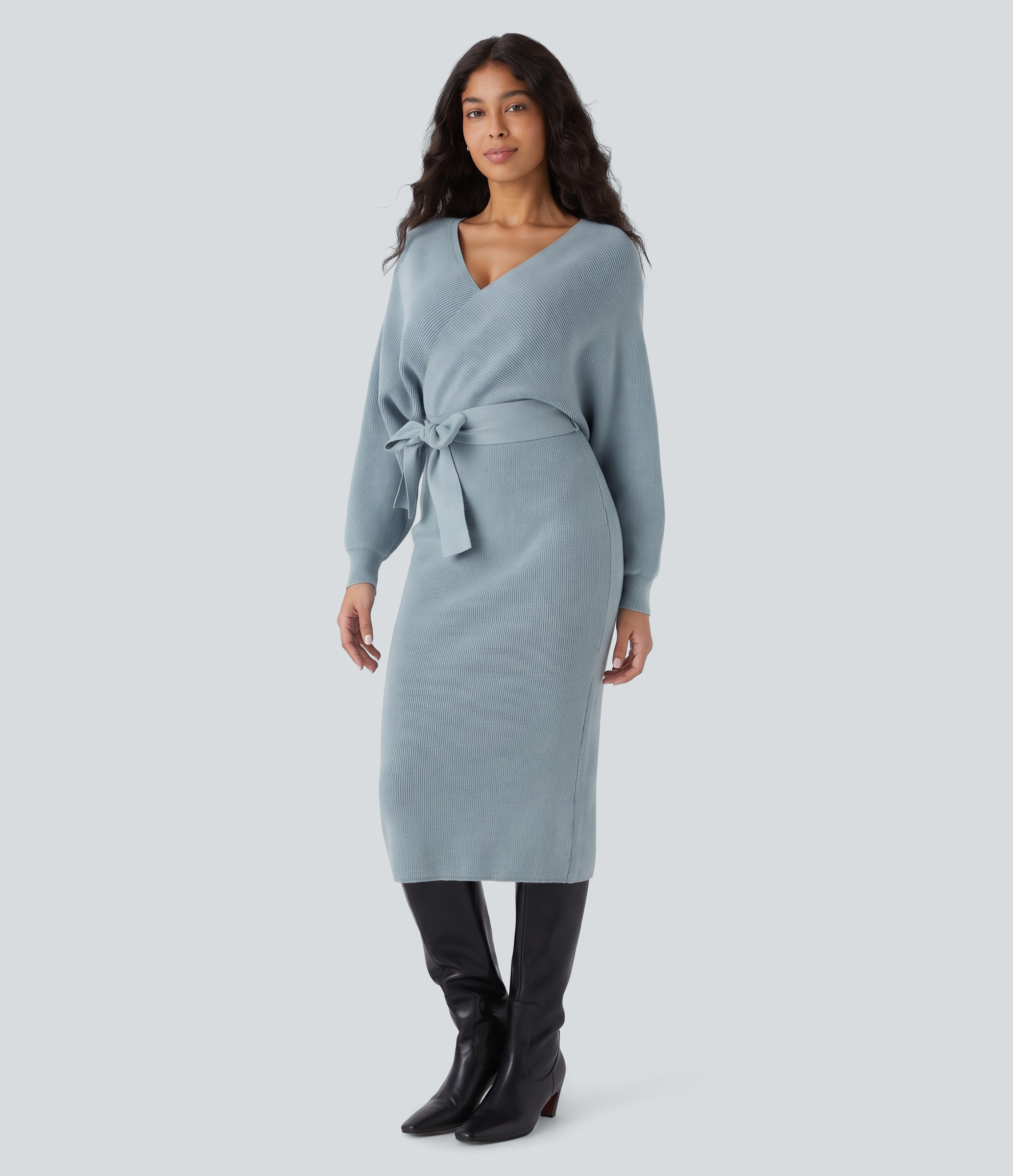 Citadel Crossover V Neck Batwing Long Sleeve Belted Midi Casual Sweater Dress / 1