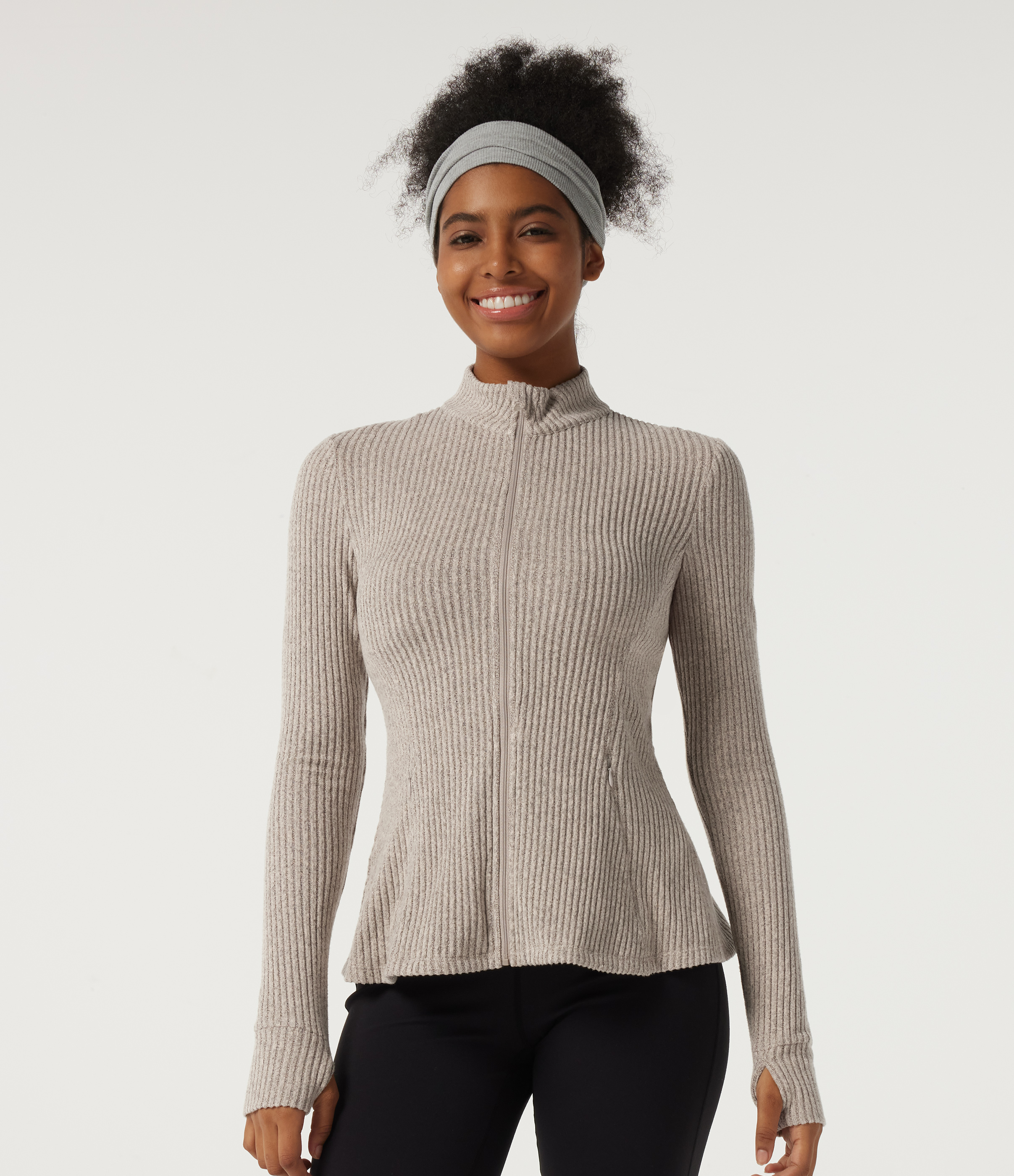 Ribbed Knit Mock Neck Long Sleeve Yoga Track Jacket with Pockets