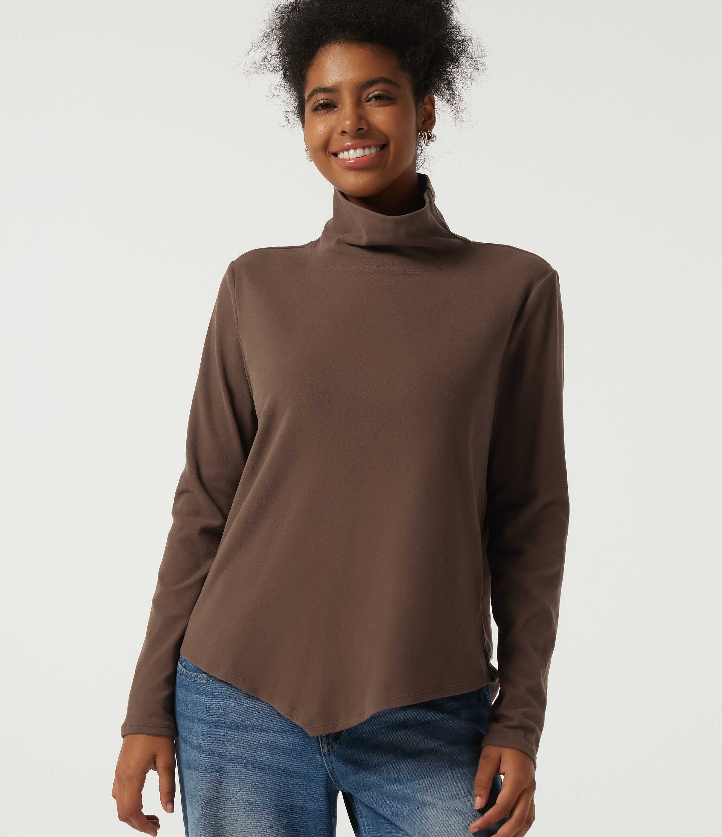 High Neck Long Sleeve Asymmetric Casual Top