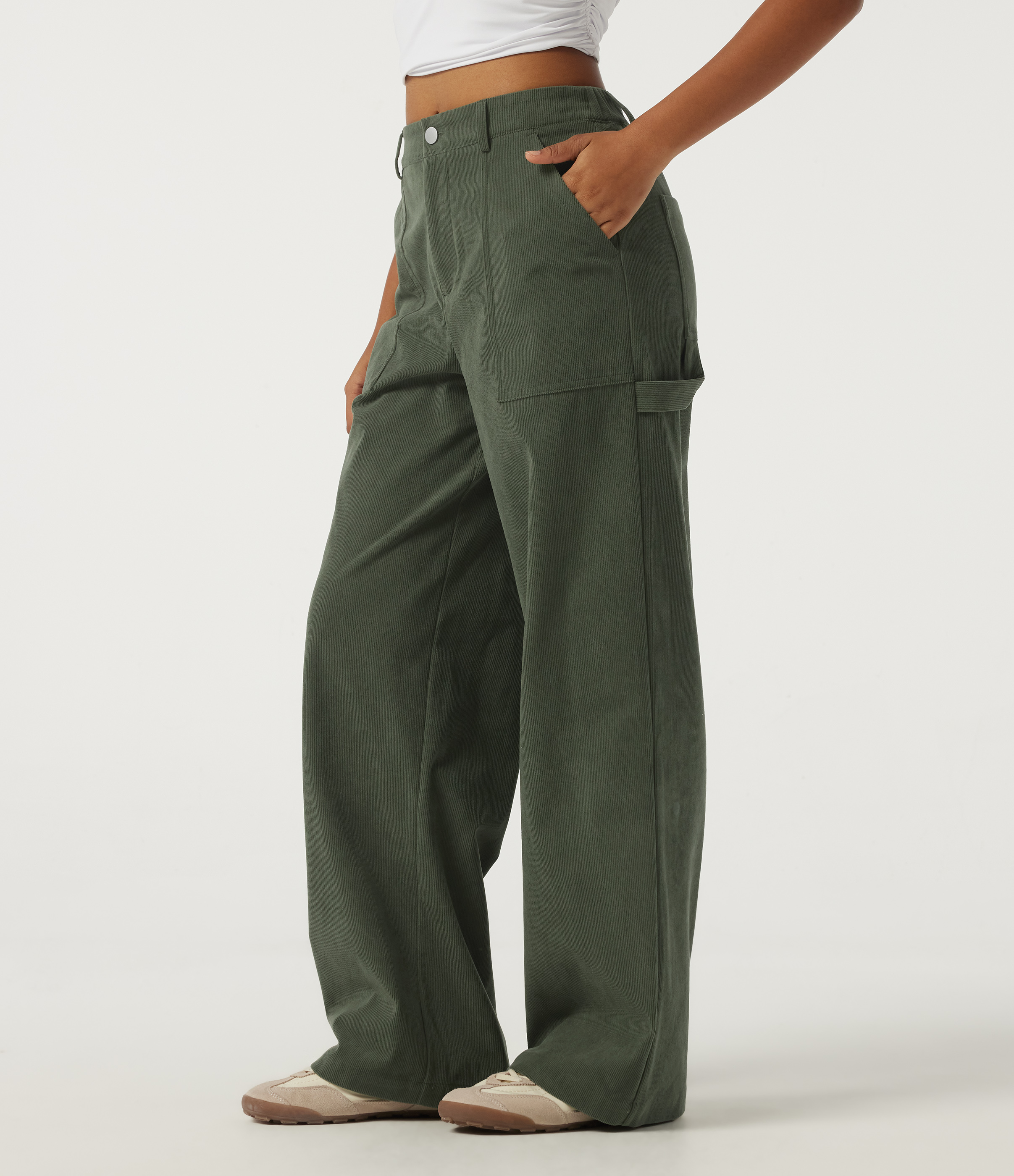 Mid Rise Wide Leg Corduroy Casual Pants with Pockets