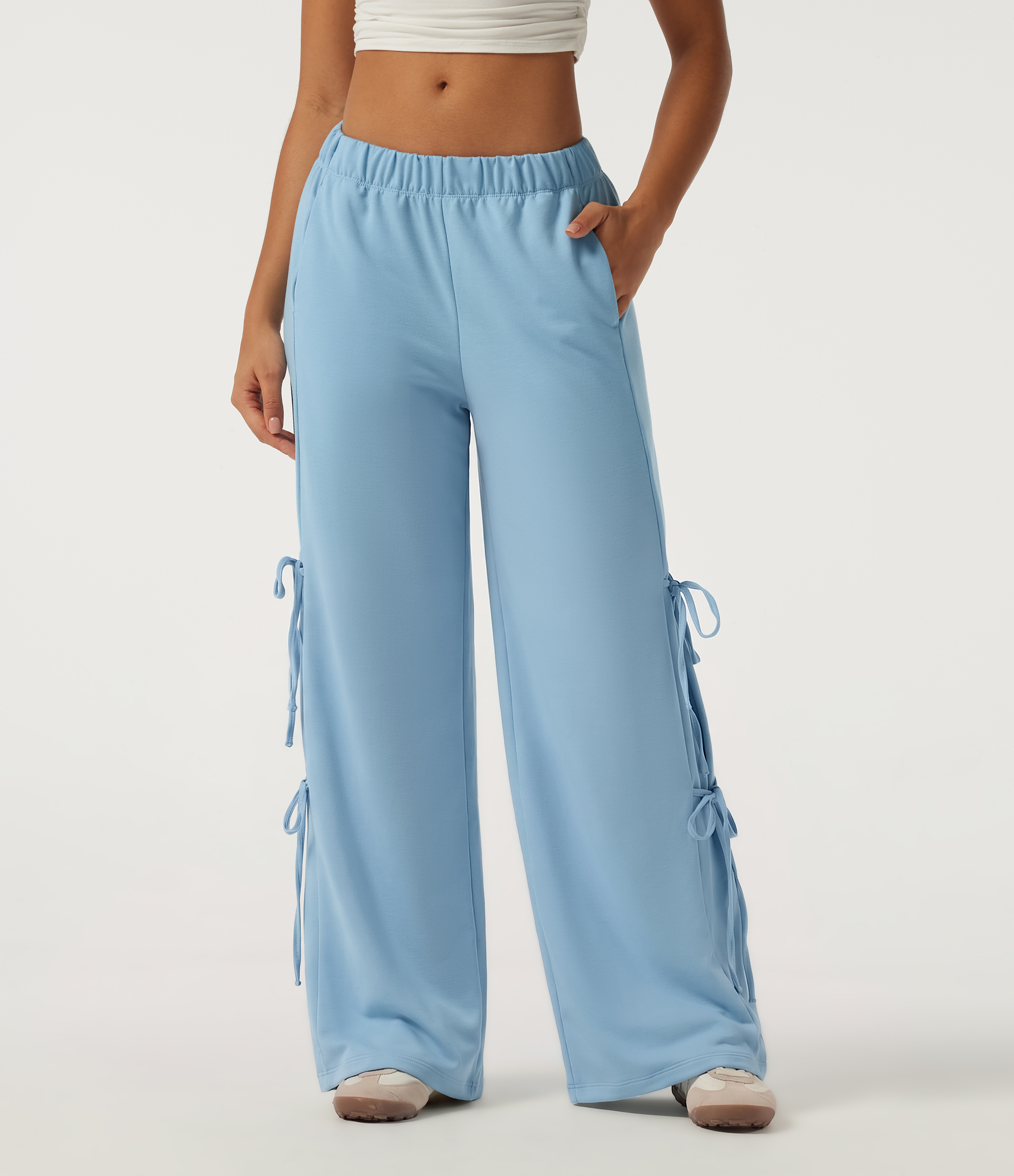 Low Rise Lace Up Wide Leg Casual Sweatpants with Pockets