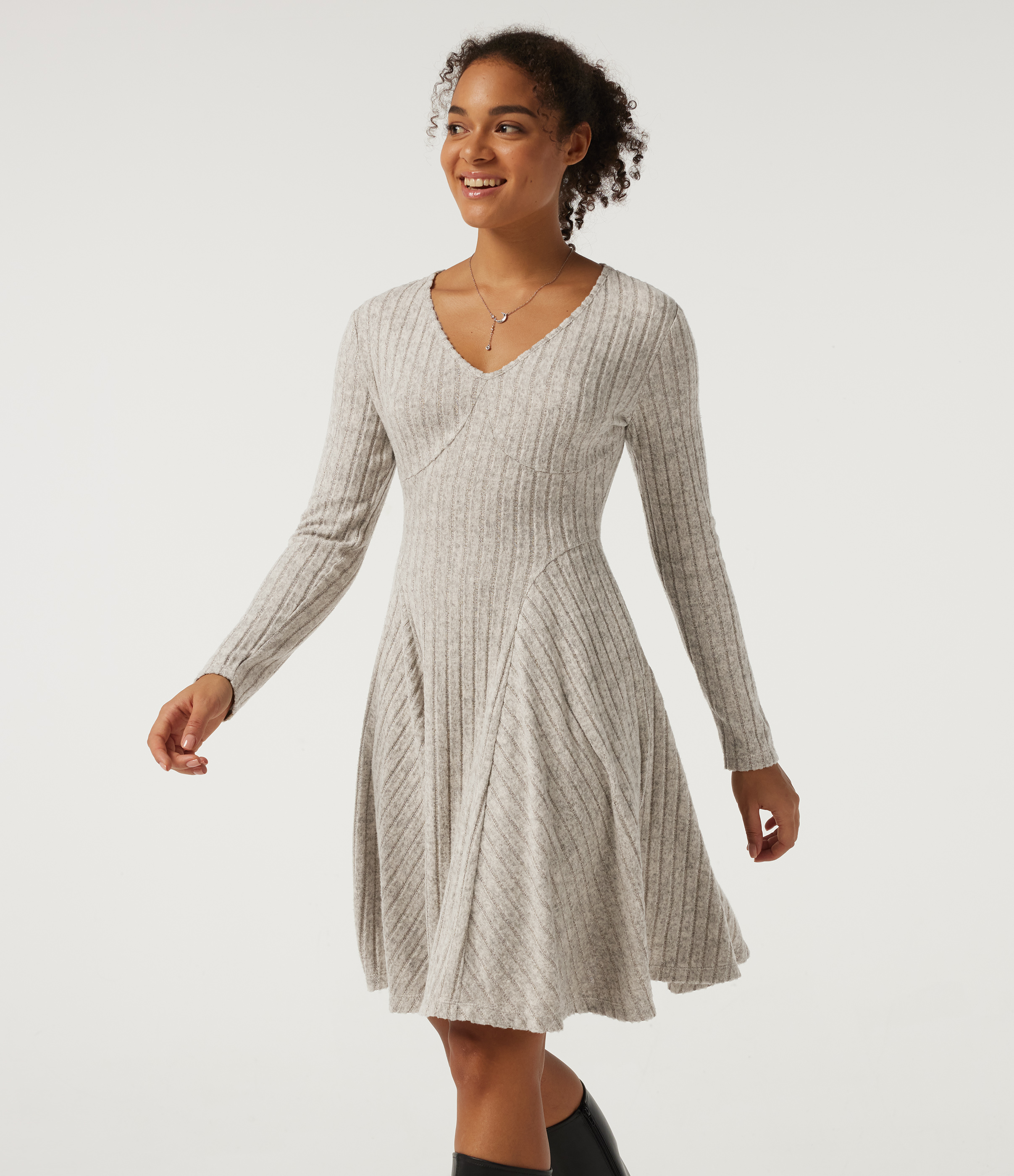 Ribbed Knit V Neck Long Sleeve Flare Mini Casual Dress with Pockets-Longer Length