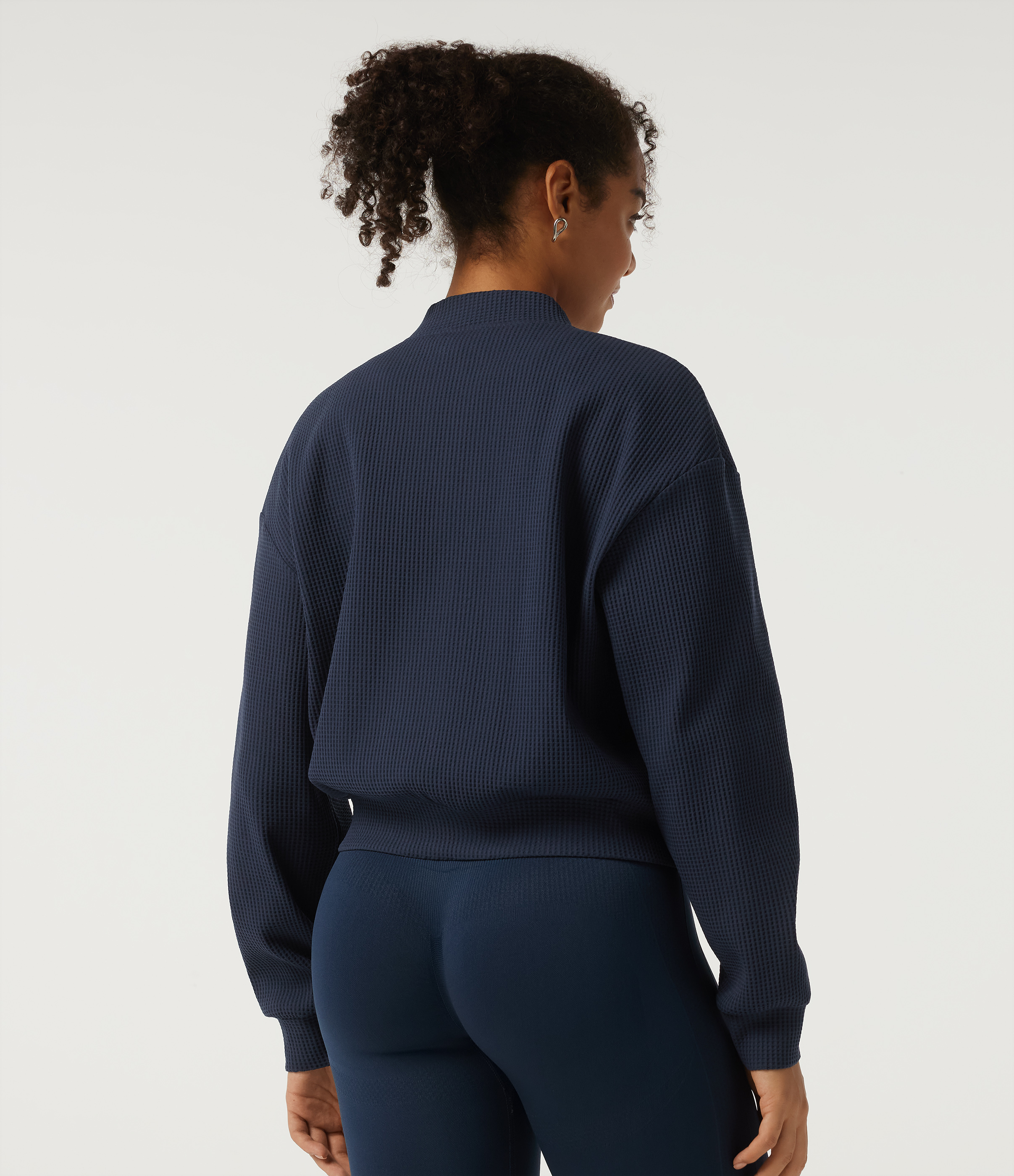 Midnight Blue Giacca casual in maglia waffle con colletto alla coreana, maniche lunghe e tasche. / 2