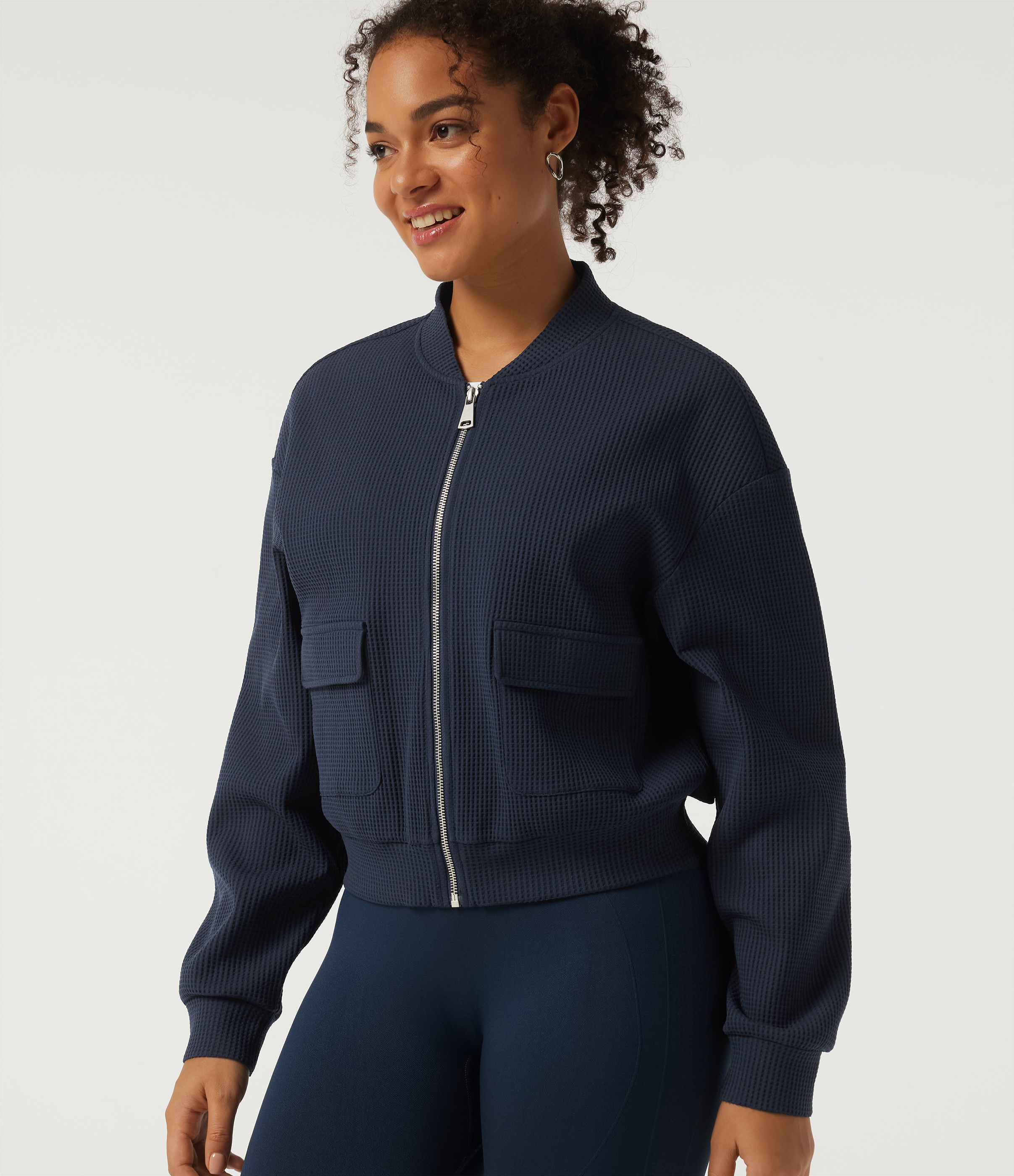 Stand Collar Long Sleeve Waffle Casual Jacket with Pockets
