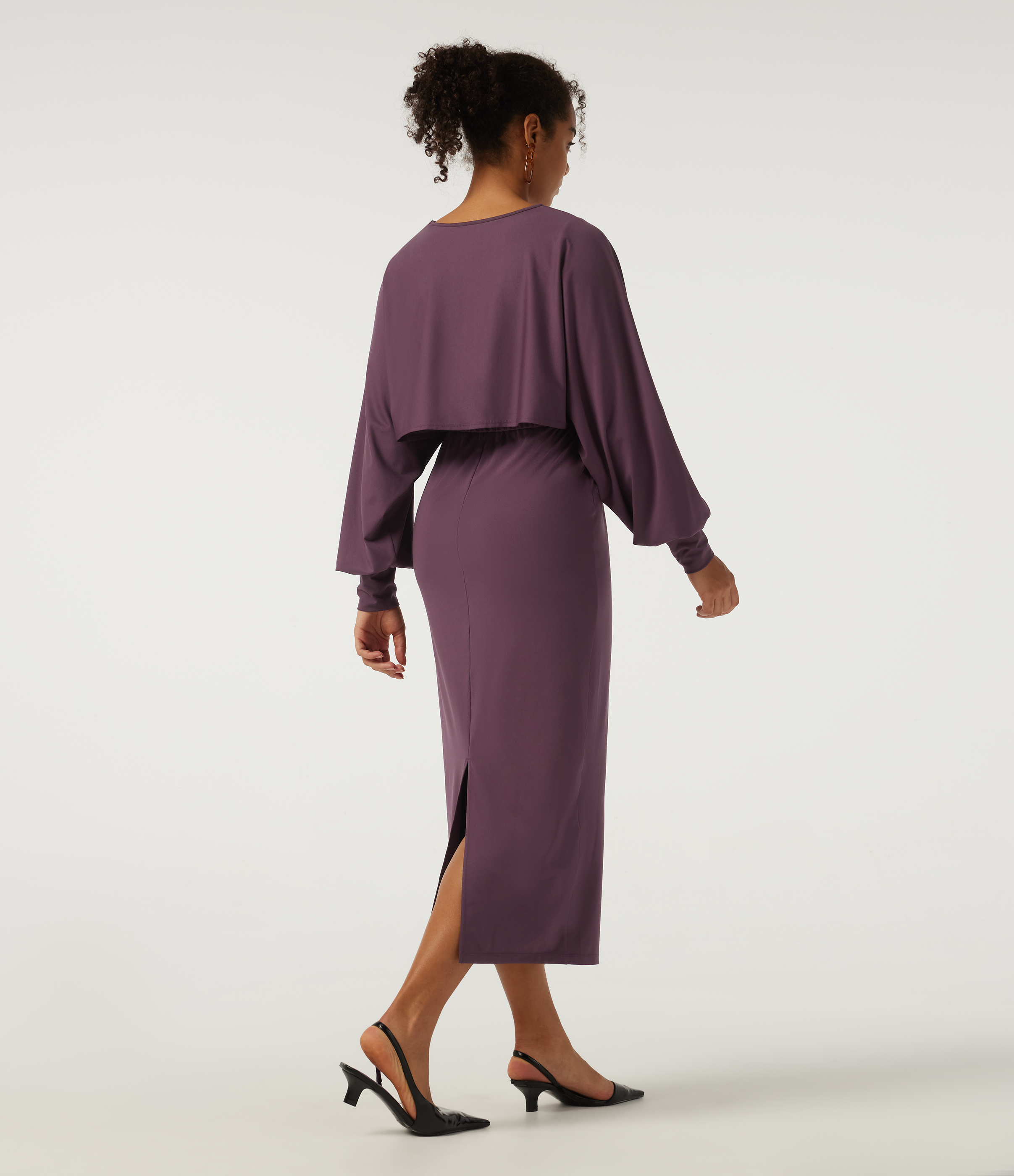 Plum Wine V-Neck Drawstring Batwing Long Sleeve 2-in-1 Casual Midi Dress  / 2