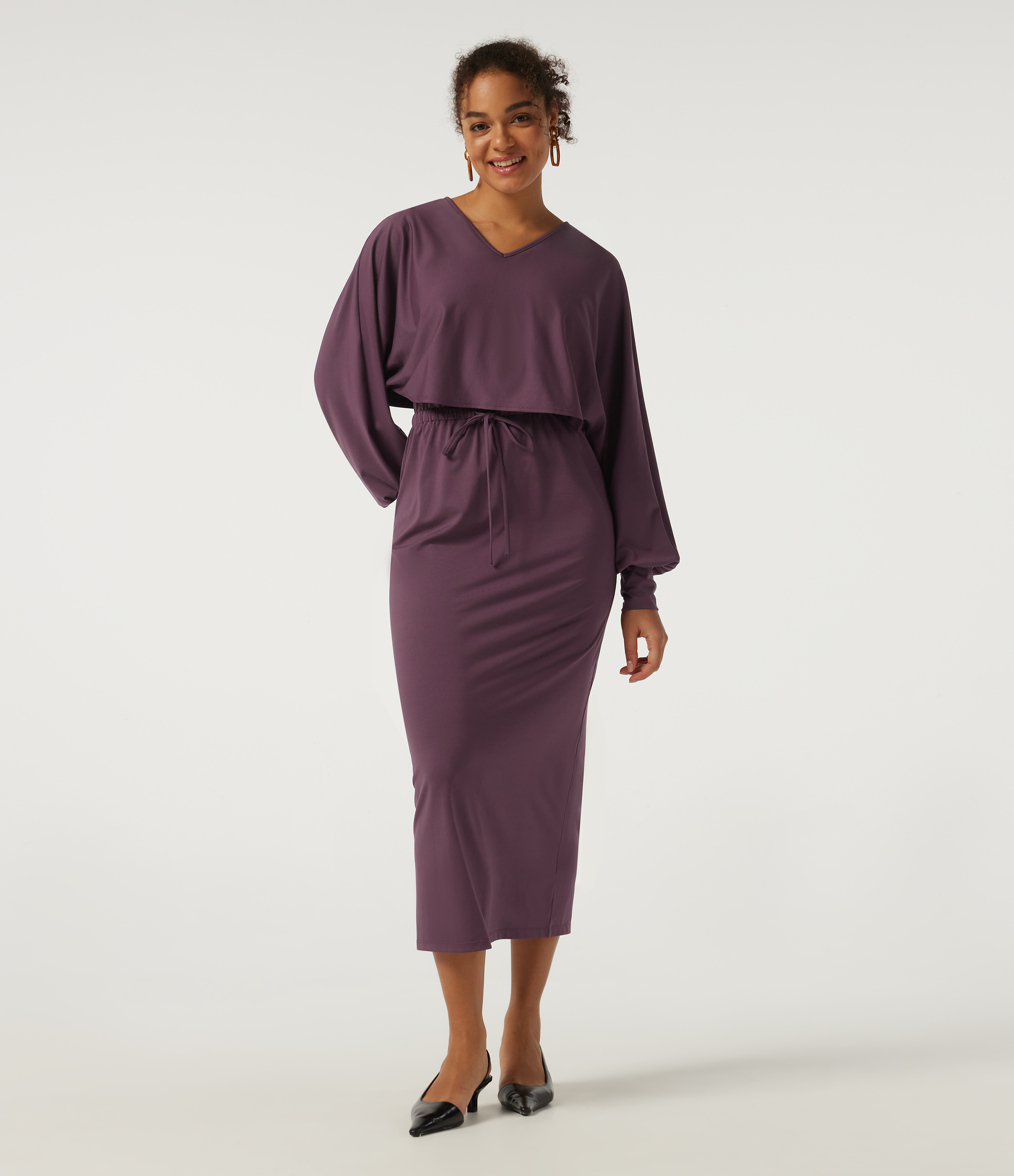 V-Neck Drawstring Batwing Long Sleeve 2-in-1 Casual Midi Dress 