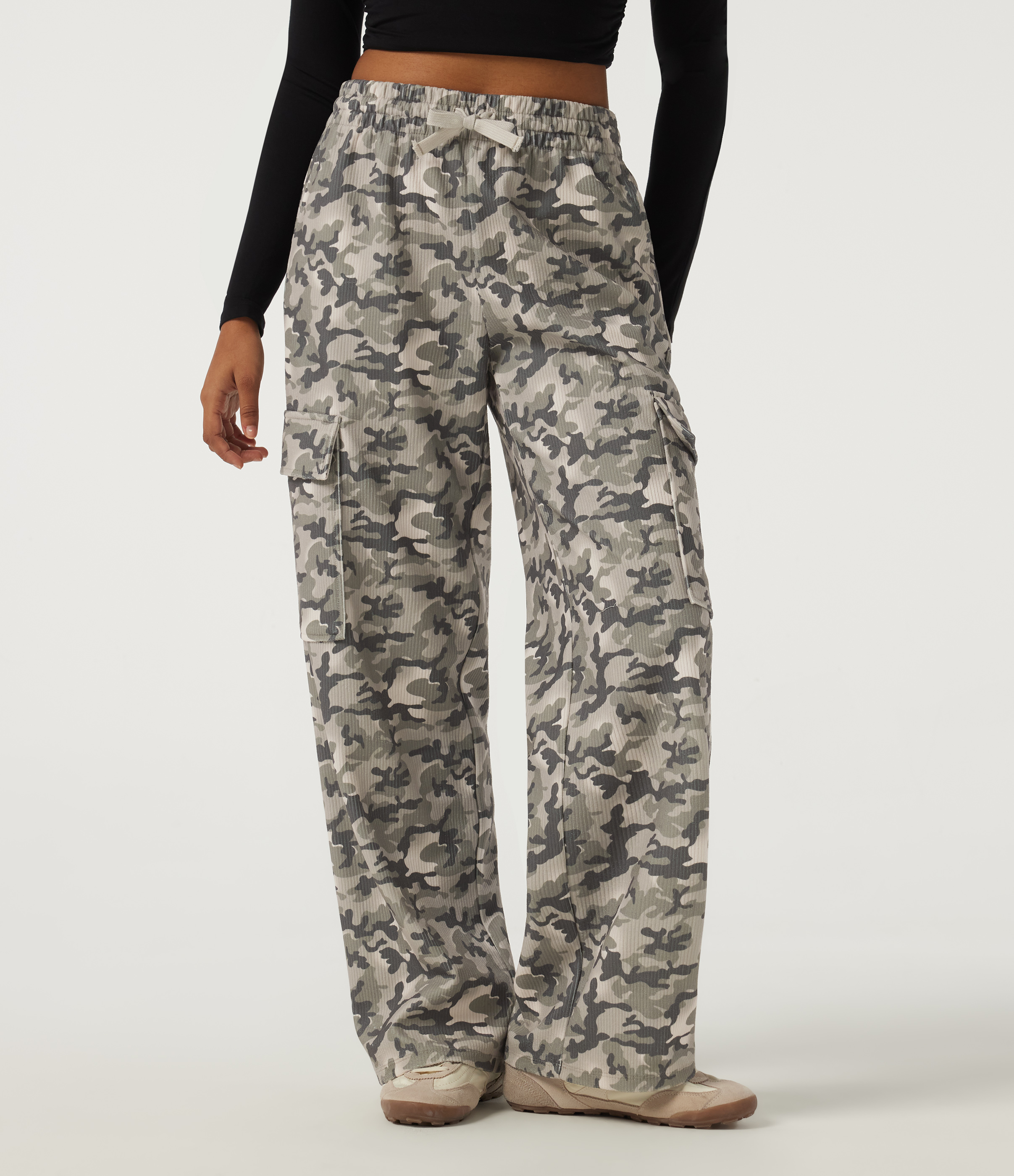 Mid Rise Drawstring Wide Leg Corduroy Camo Print Casual Pants with Pockets