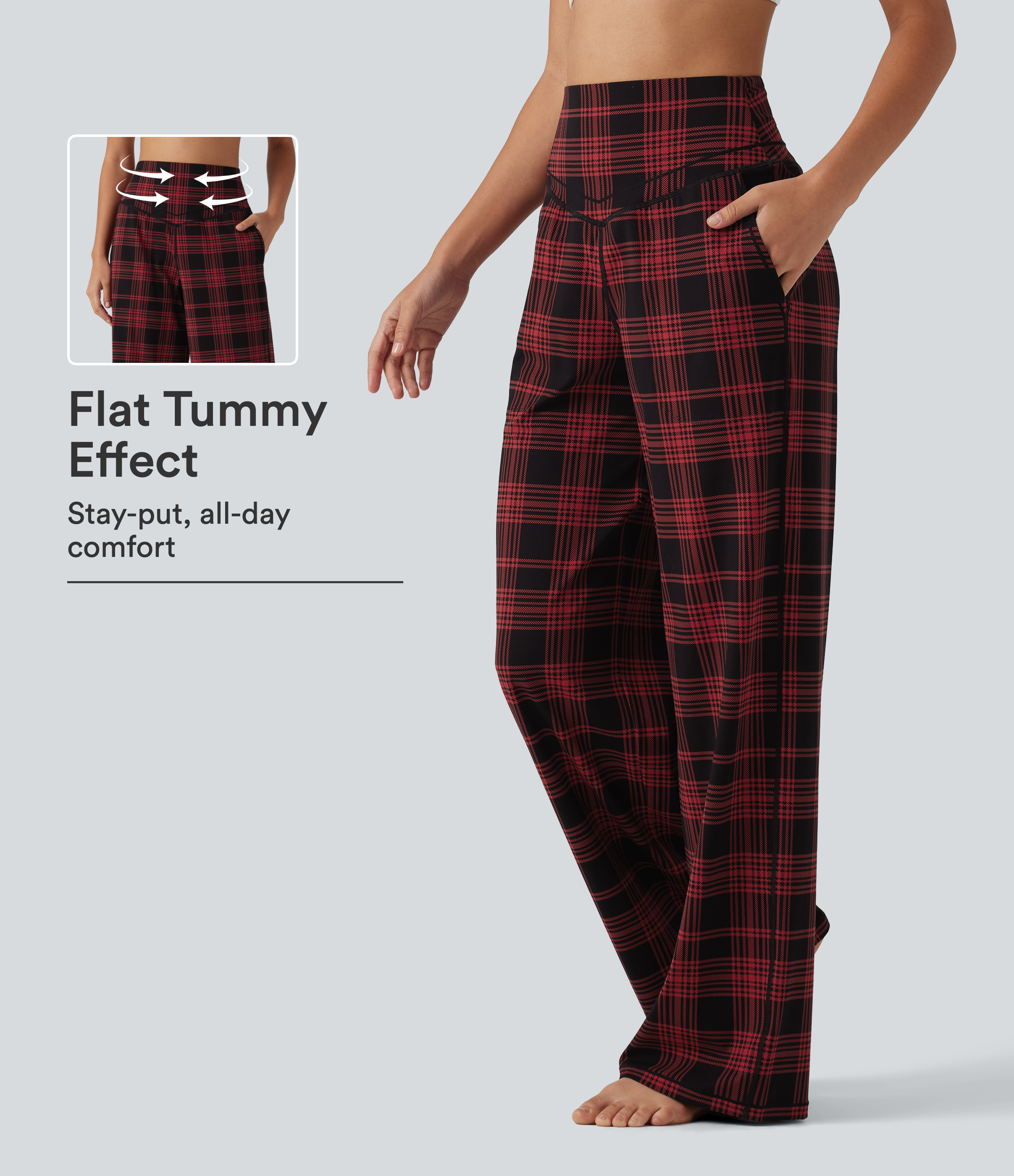 High Waisted Tummy Control Plaid Straight Leg Yoga Pants with Pockets