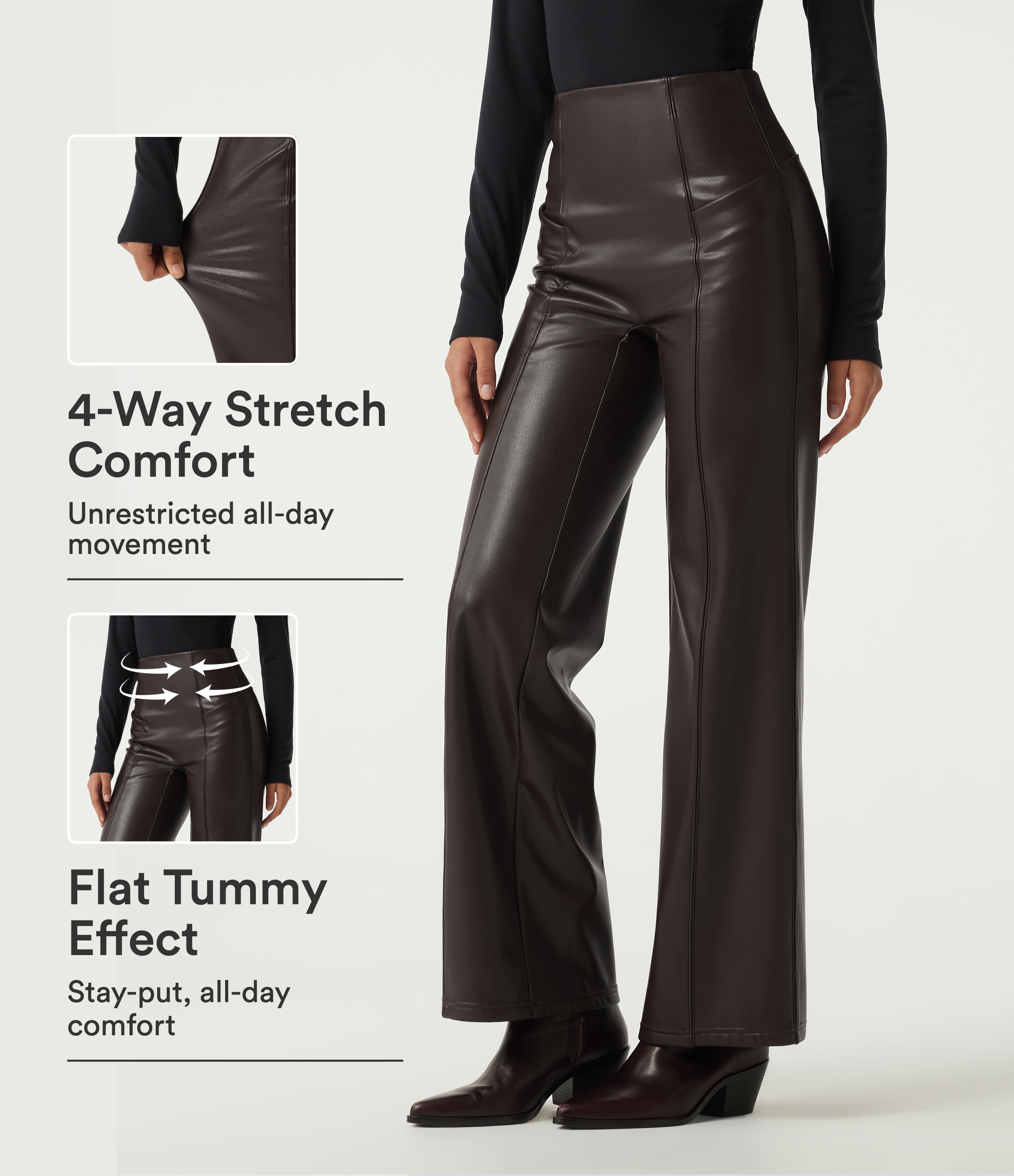 High Waisted Stretchy PU Fleece Tummy Control Casual Flare Pants with Pockets