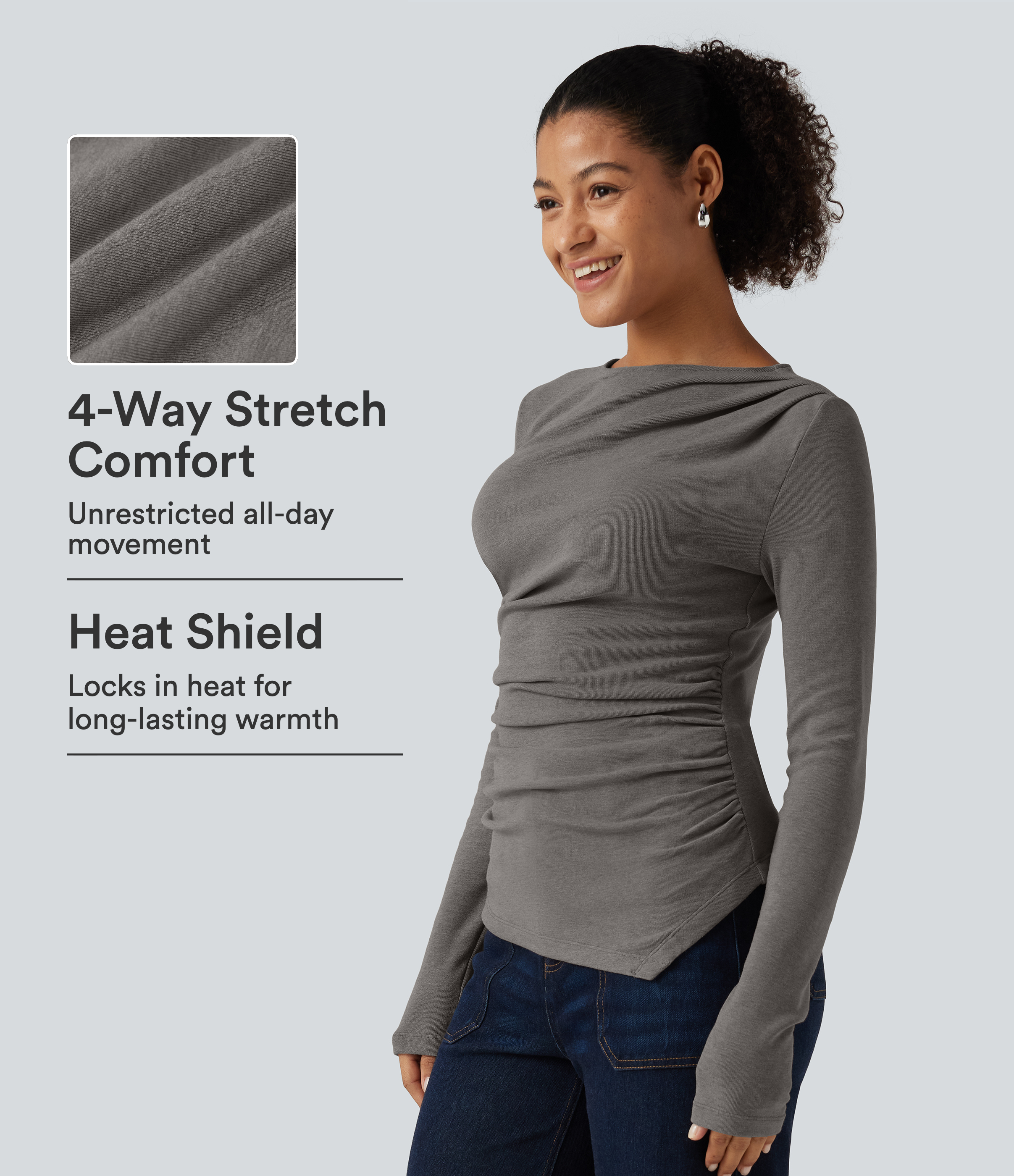 Mottled Cloud Grey Boat Neck Long Sleeve Ruched Asymmetric Hem Thermal Casual Top / 1