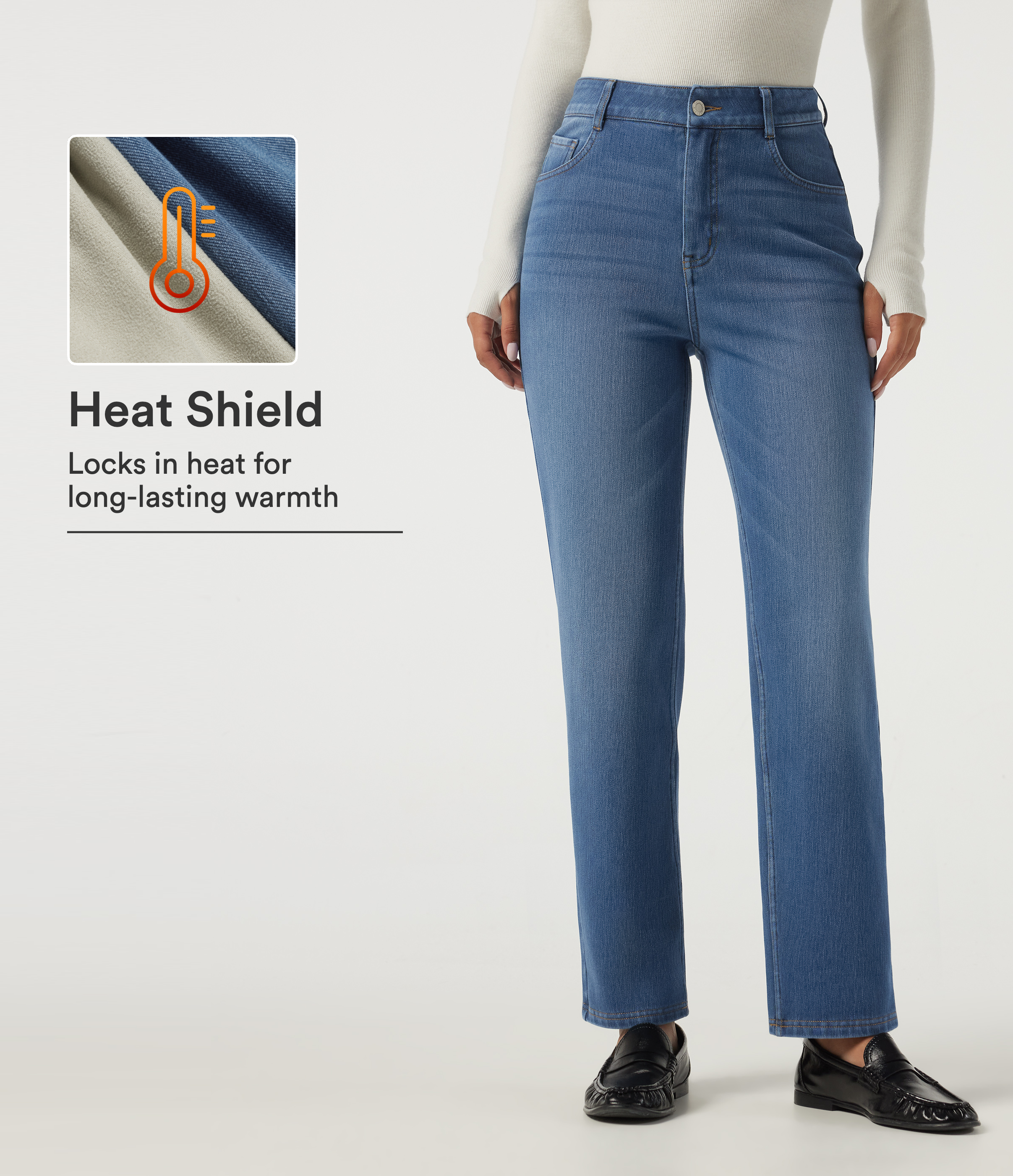 High Waisted Straight Leg Fleece Casual Cotton Jeans with Pockets