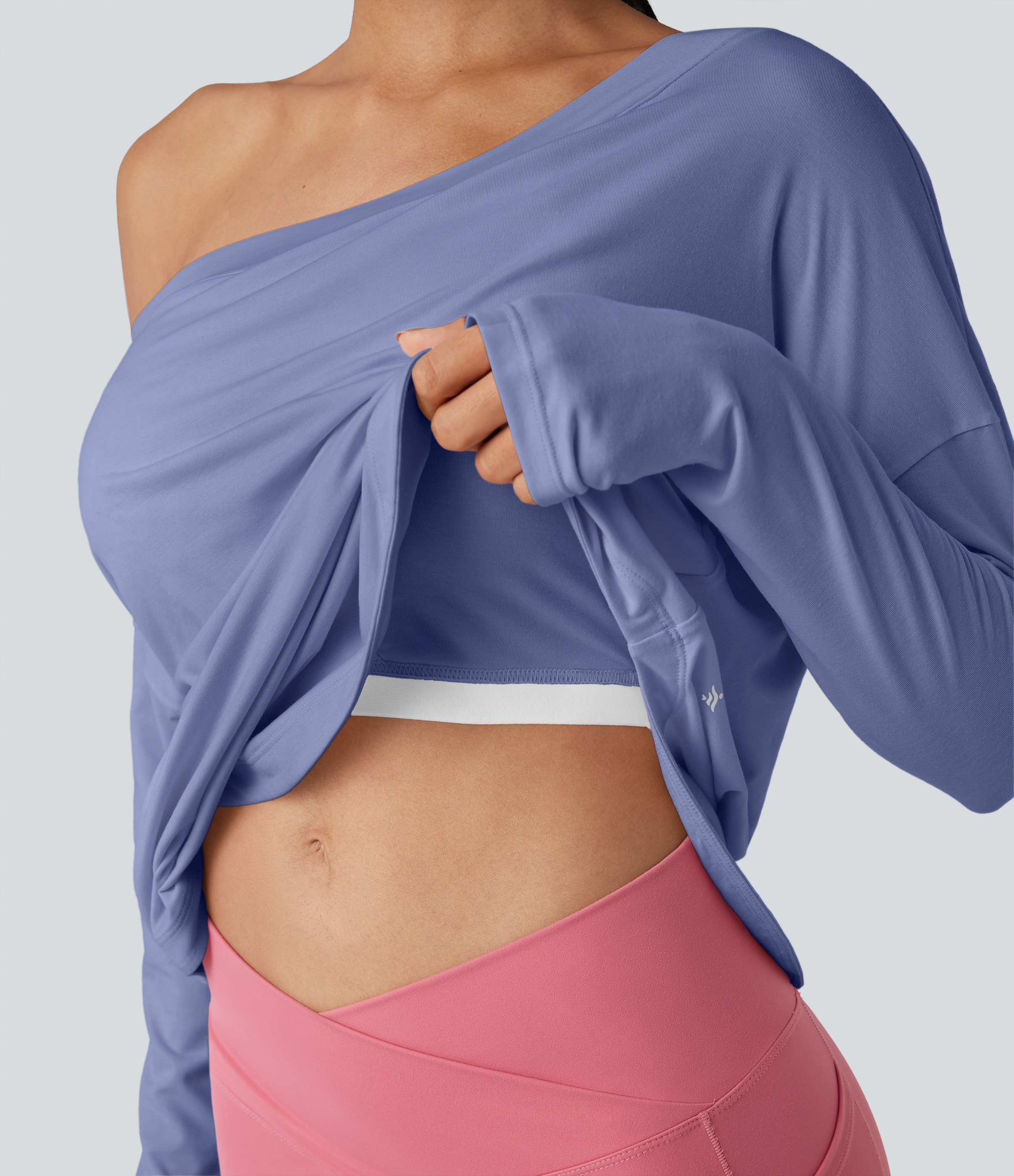 One Shoulder Long Sleeve Thumb Hole Curved Hem High Low Quick Dry Yoga Sports Top-Built-in Bra