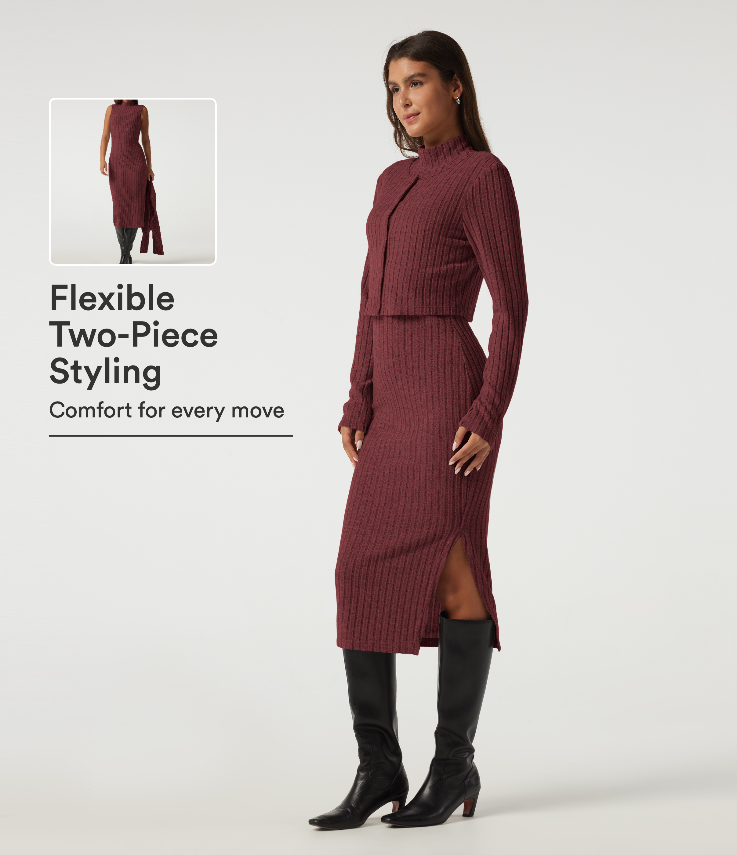 Mock Neck Long Sleeve 2 Piece Bodycon Work Midi Dress