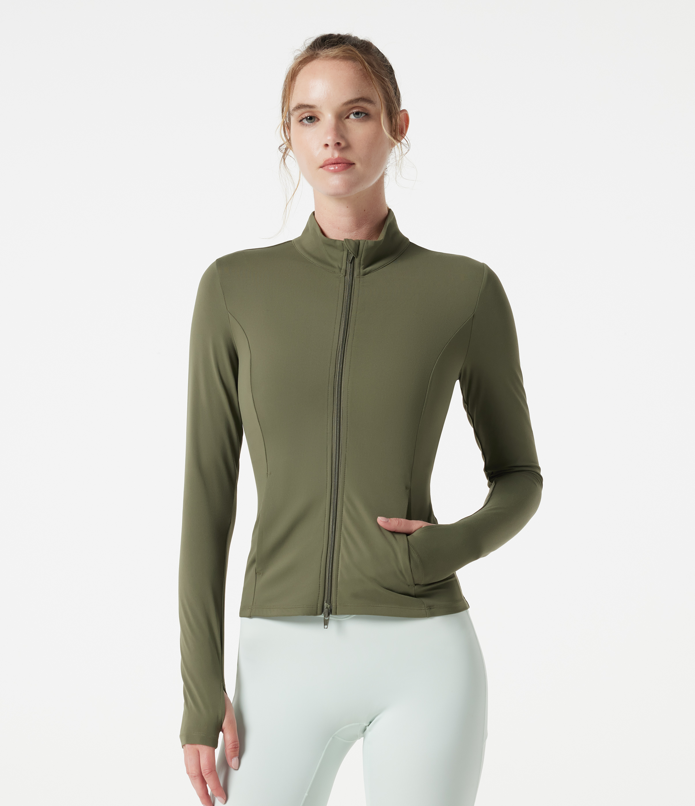 Grass Grey Green SoftlyZero™ Stand Collar Thumb Hole Pockets Pleated Zipper Slim Jacket / 2