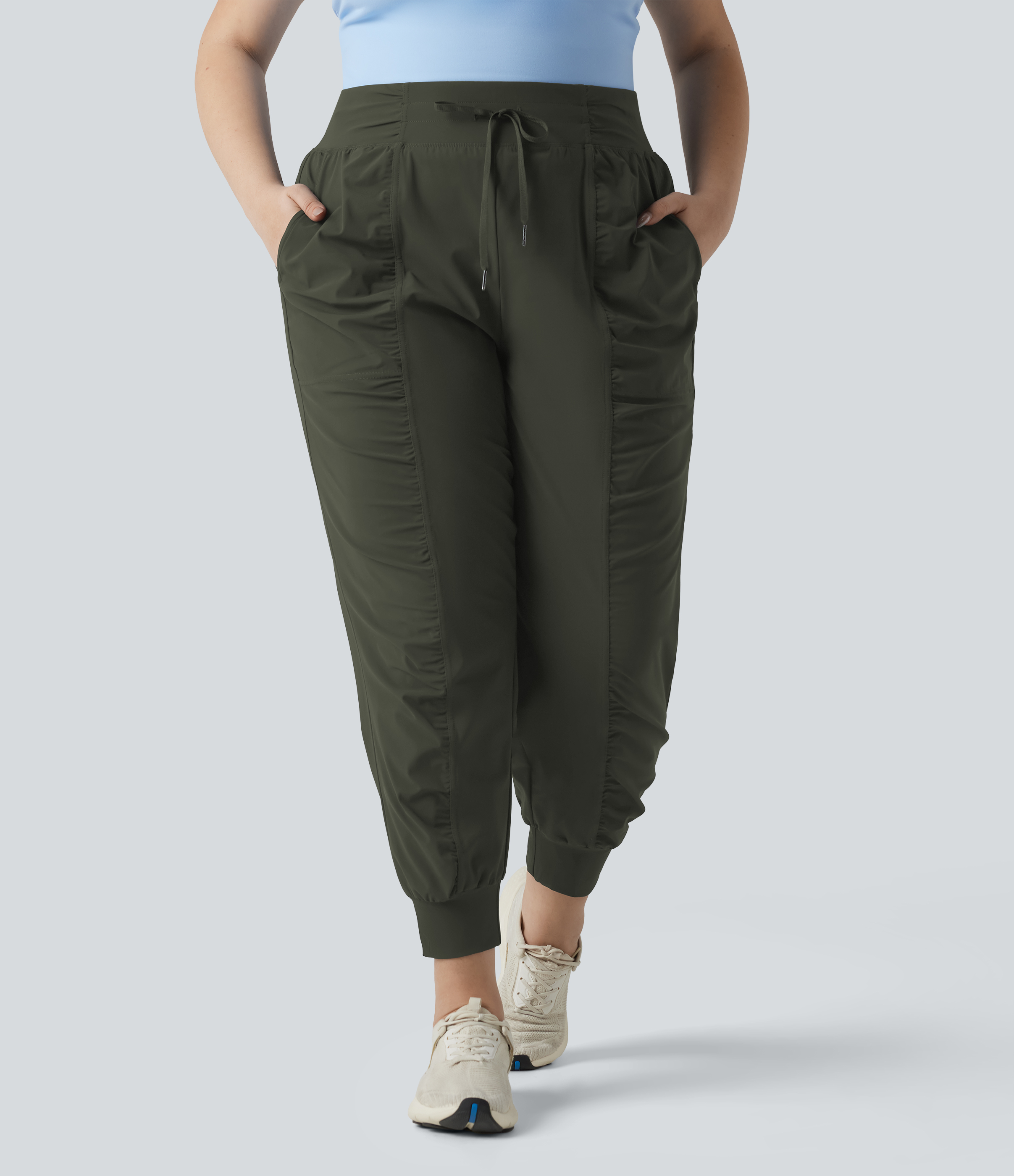Plus Size High Waisted Drawstring Ruched Tapered Quick Dry Cool Touch Dance Joggers with Pockets-UPF40+