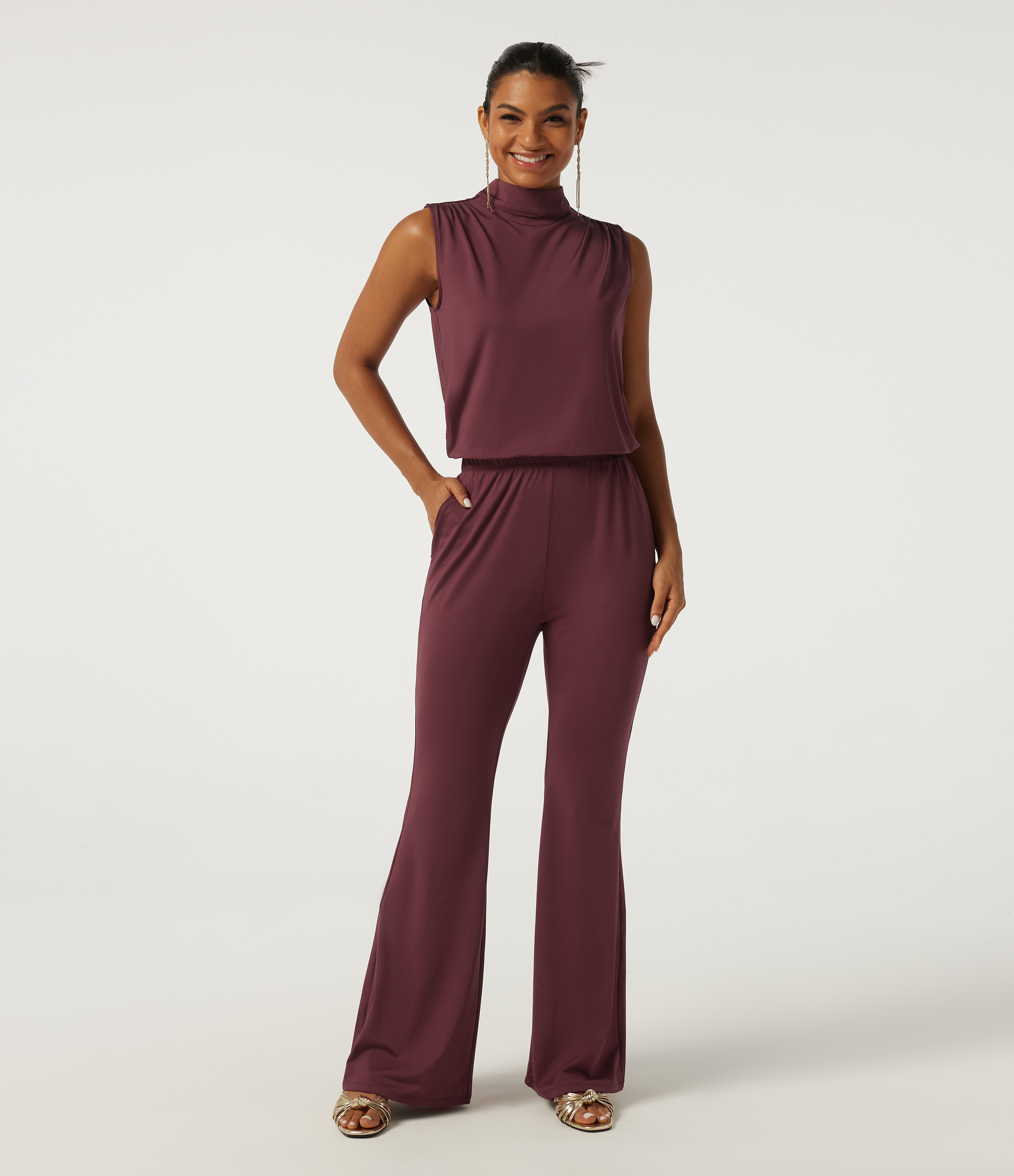 Mock Neck Sleeveless Flare Keyhole Back Party Jumpsuit with Pockets - Easy Peezy Edition
