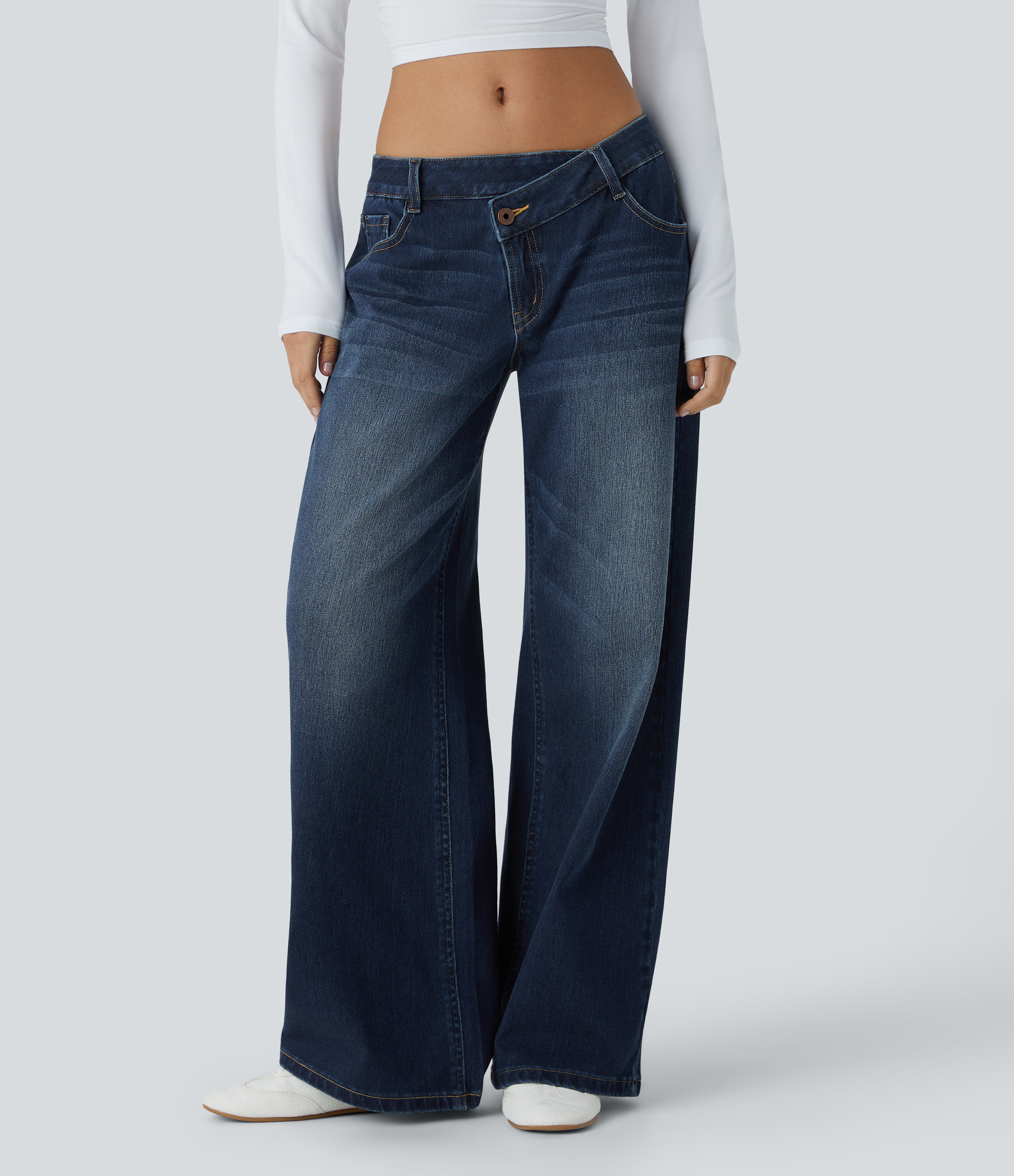 Halara Flex™ vaqueros casual lavados asimétricos de tiro bajo con bolsillos con cremallera, corte baggy y pierna ancha