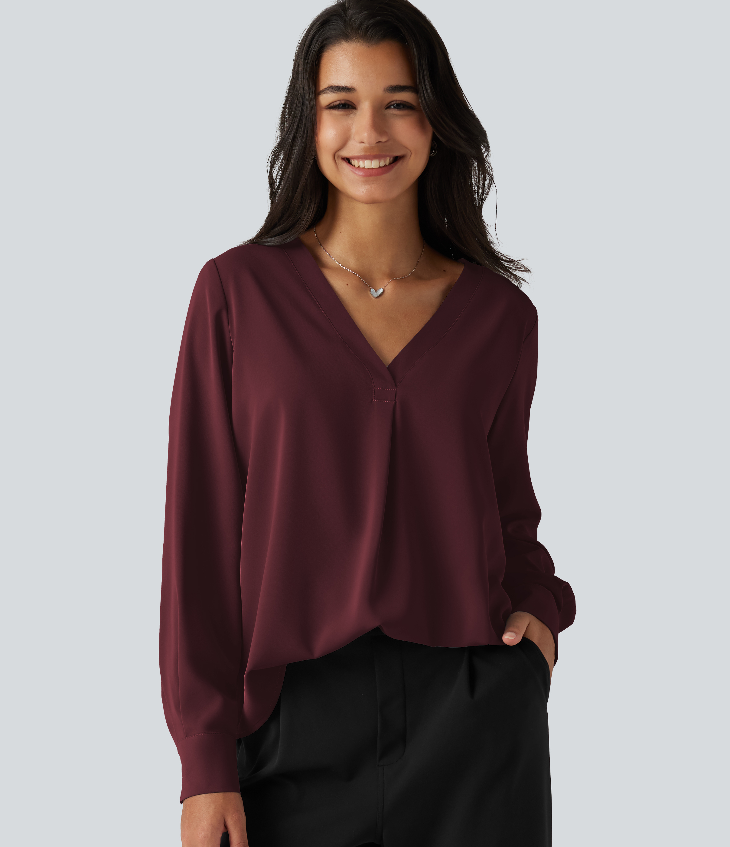 Blouse de bureau défroissage facile, col V et manches longues