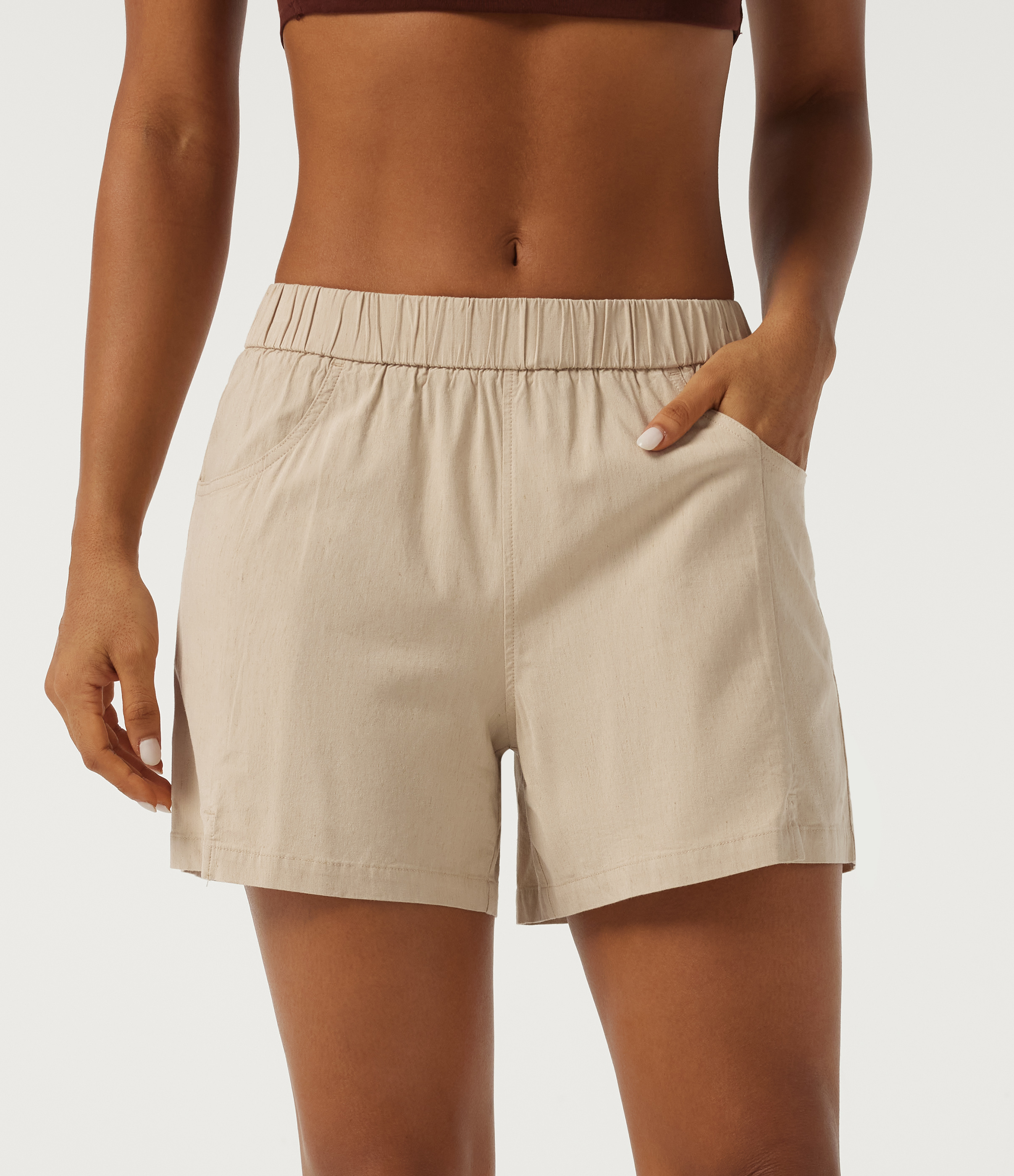 Low Rise Straight Leg Casual Stretch Linen Shorts 5" with Pockets
