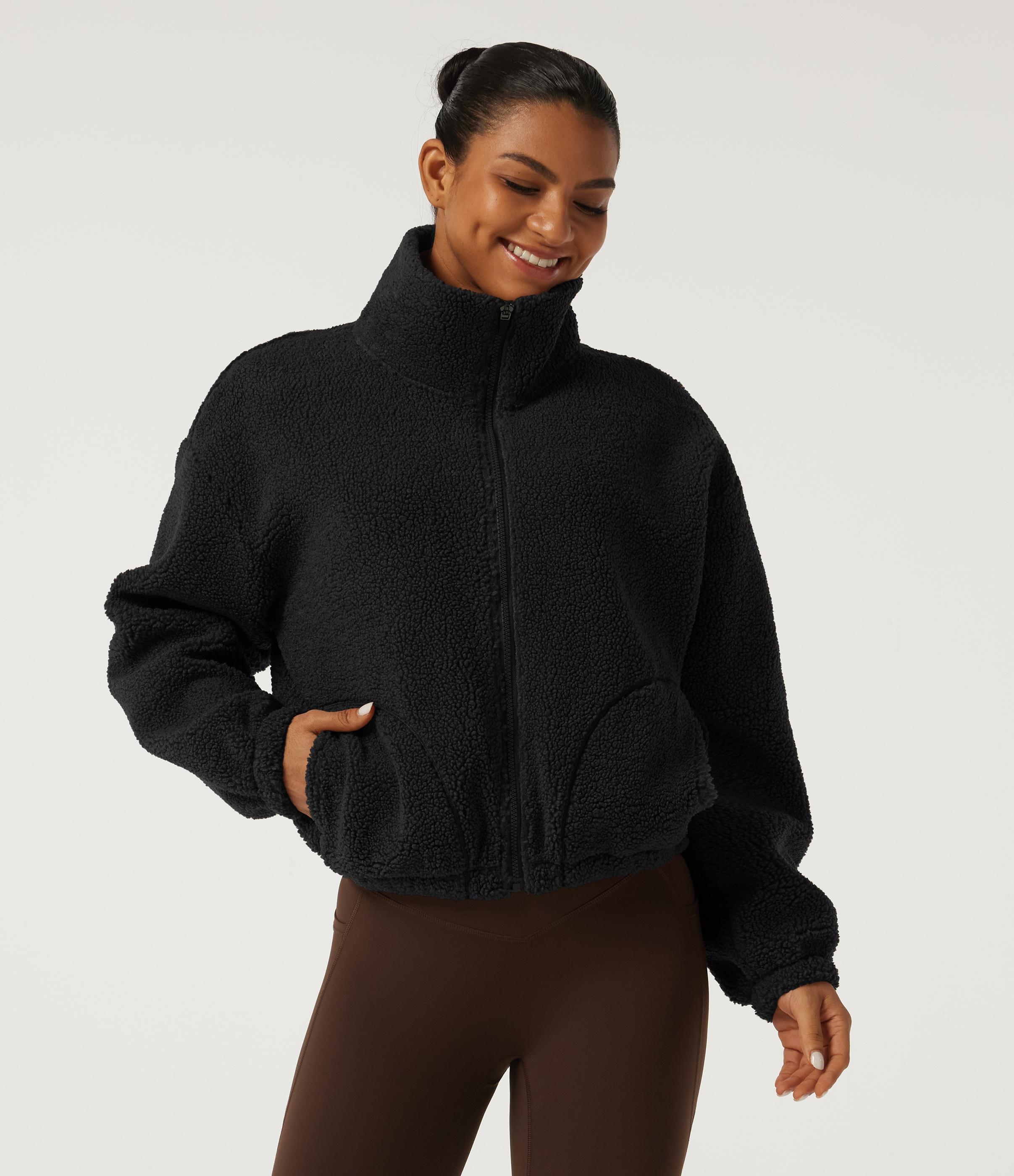 Turtleneck Long Sleeve Yoga Sherpa Jacket with Pockets