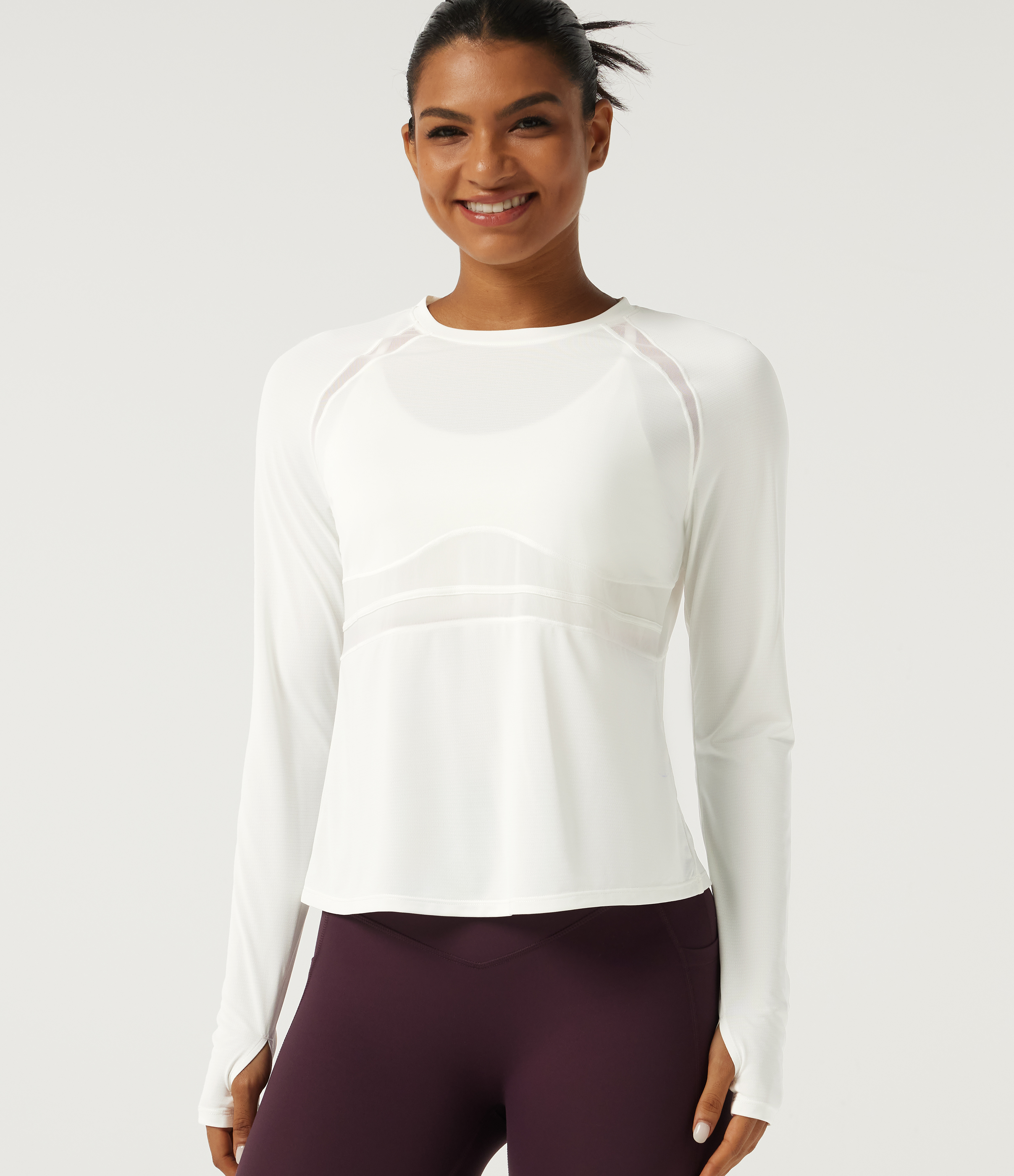 Round Neck Long Sleeve Contrast Mesh Running Sports Top with Thumbholes