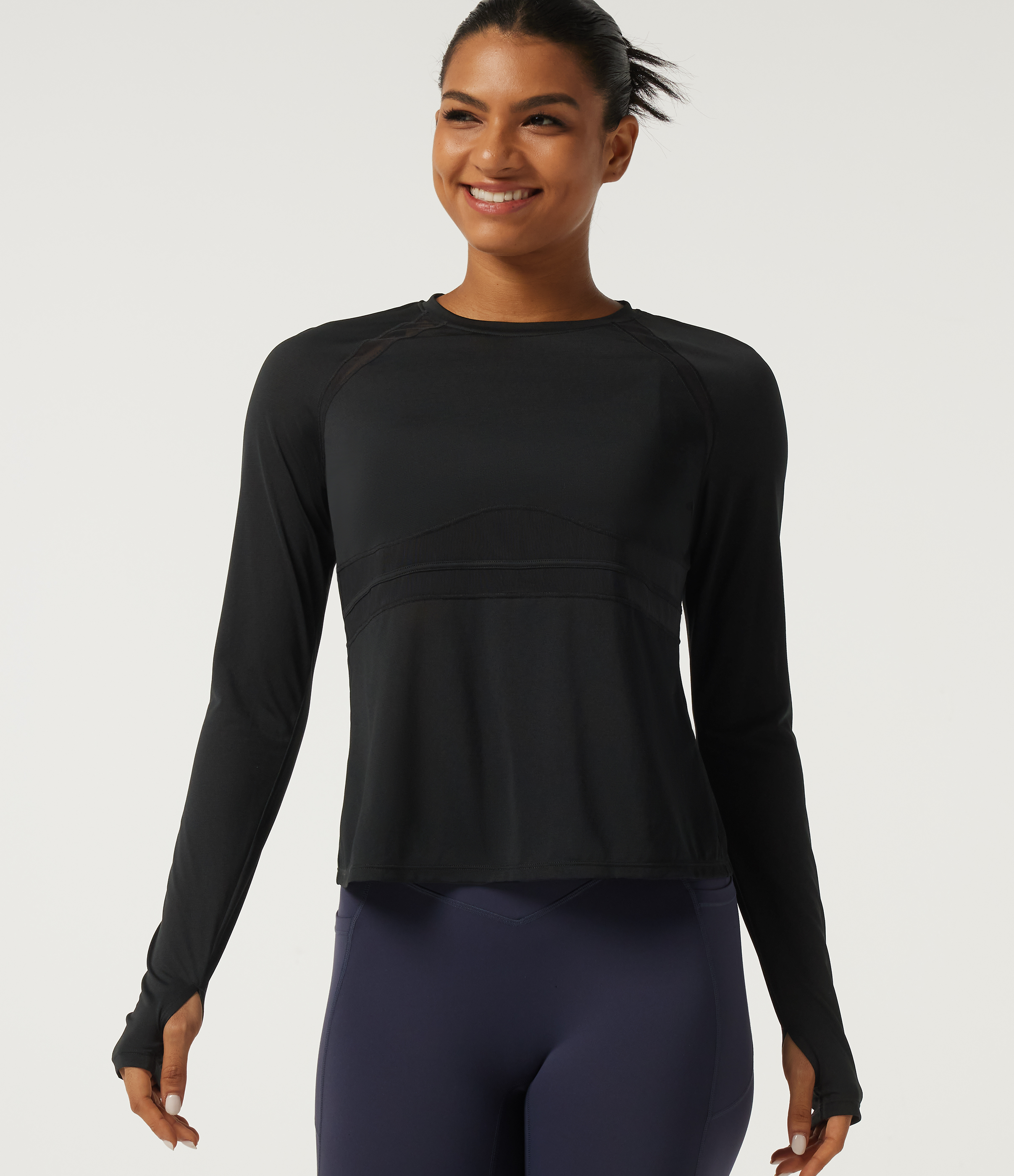 Halara Round Neck Long Sleeve Contrast Mesh Running Sports Top with Thumbholes