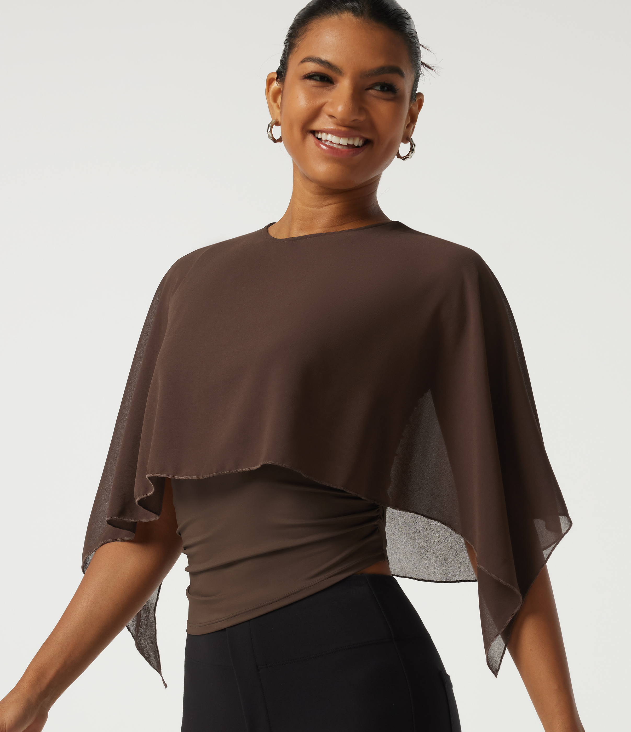 Round Neck Flounce Half Sleeve 2-in-1 Ruched Asymmetrical Hem Work Blouse