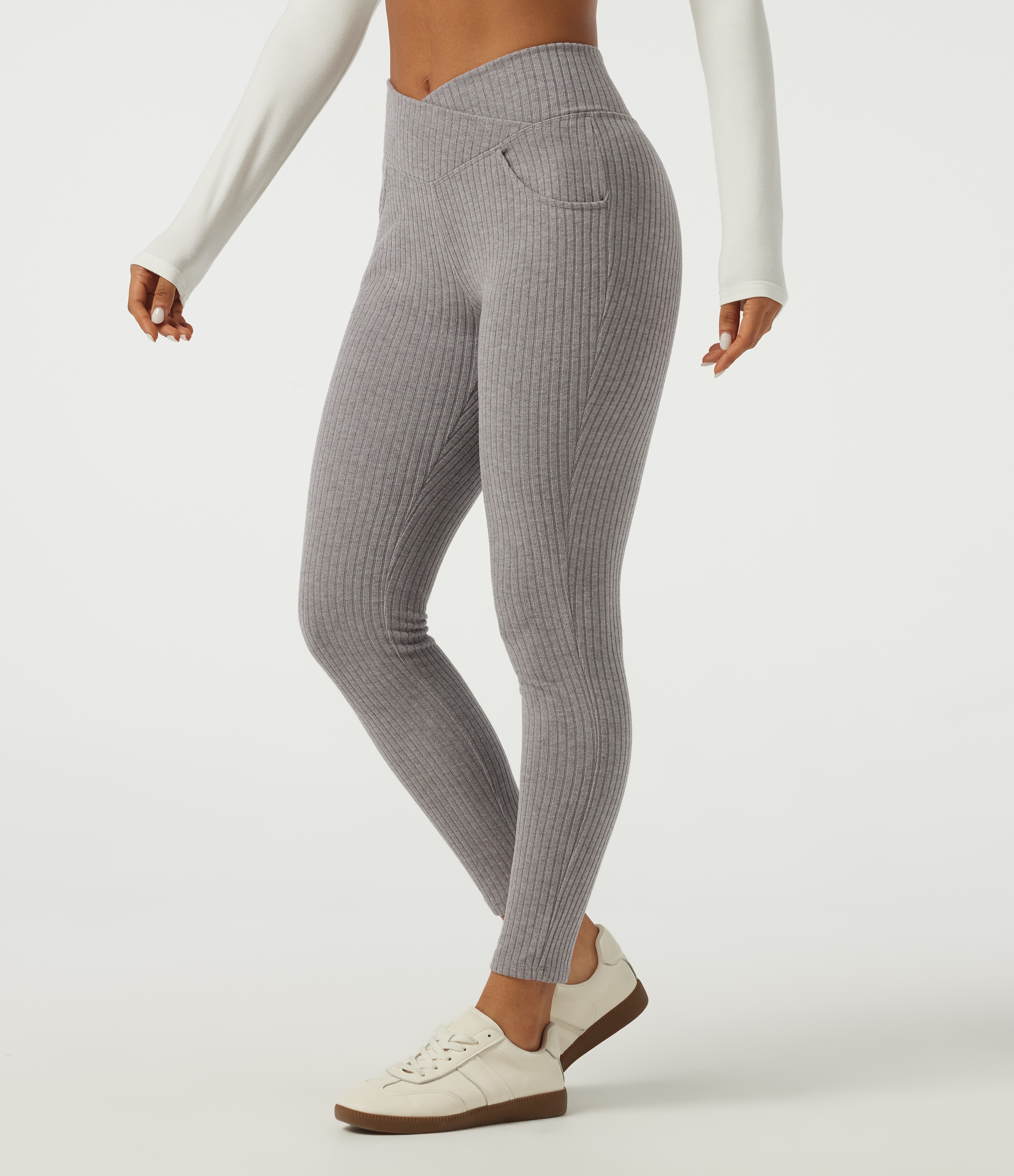 Ribbed Knit Crossover High Waisted Skinny Casual Leggings with Pockets