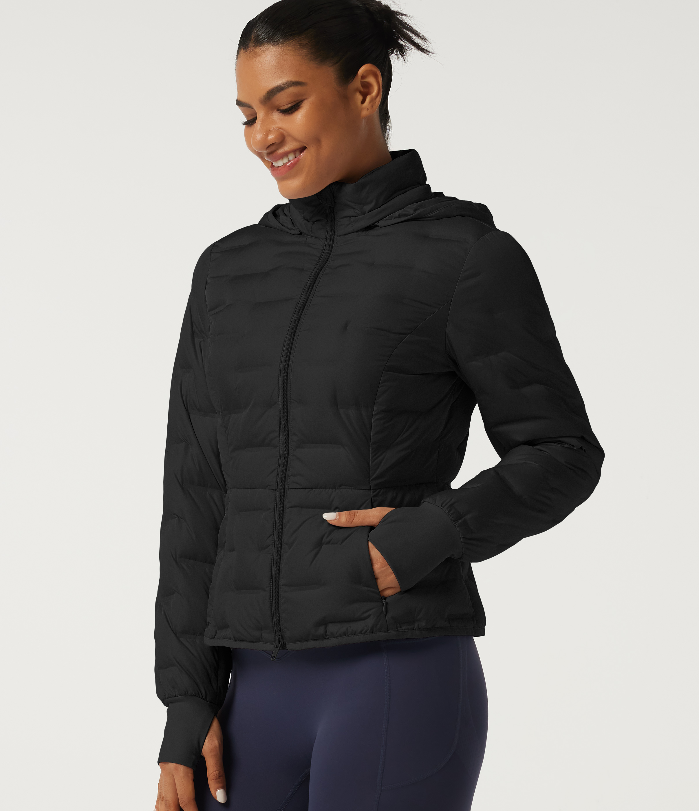 Removable Hood Long Sleeve Quilted Casual Down Jacket with Pockets and Thumb Holes