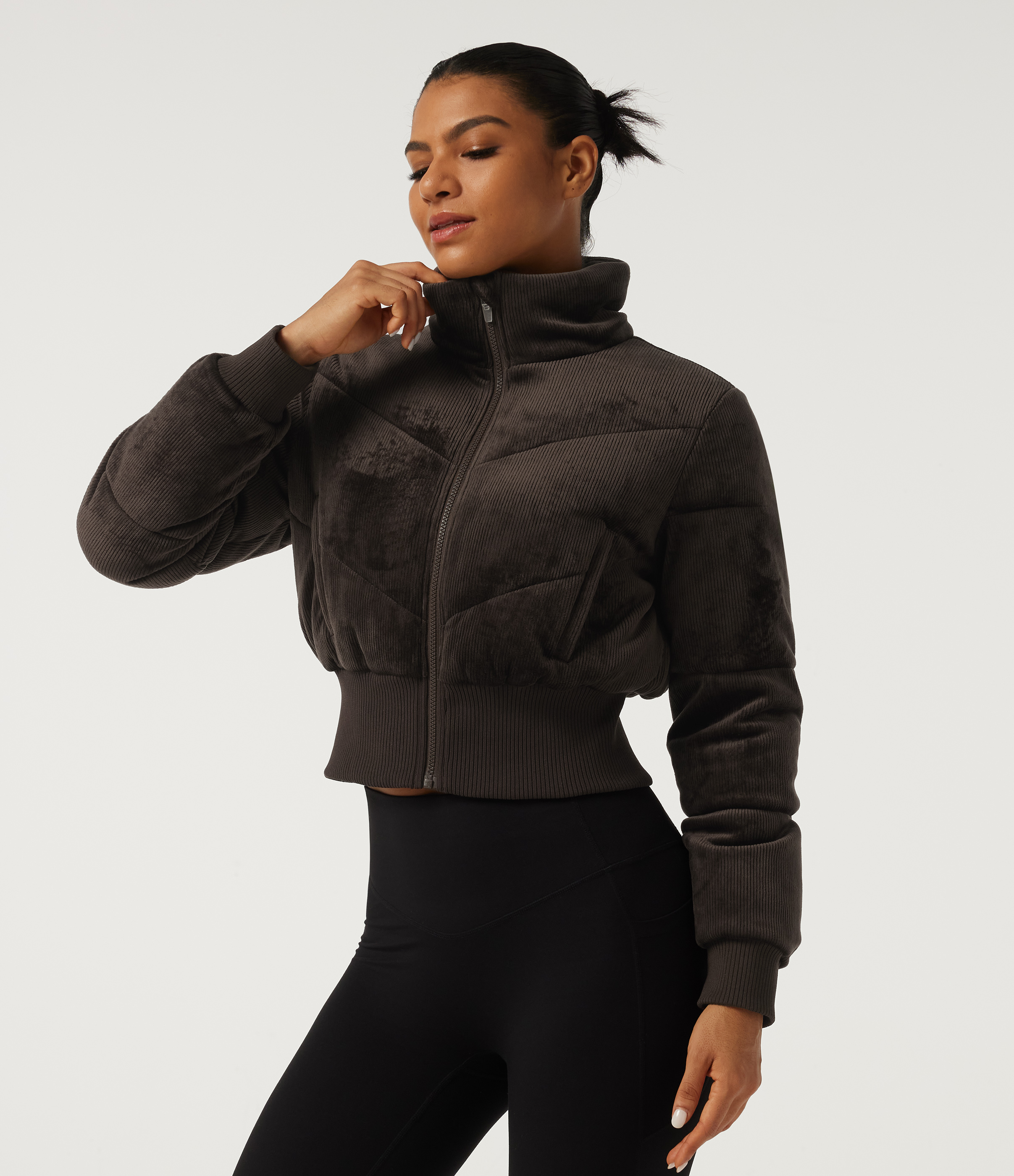 Ribbed Knit Stand Collar Long Sleeve Corduroy Casual Padded Jacket with Pockets