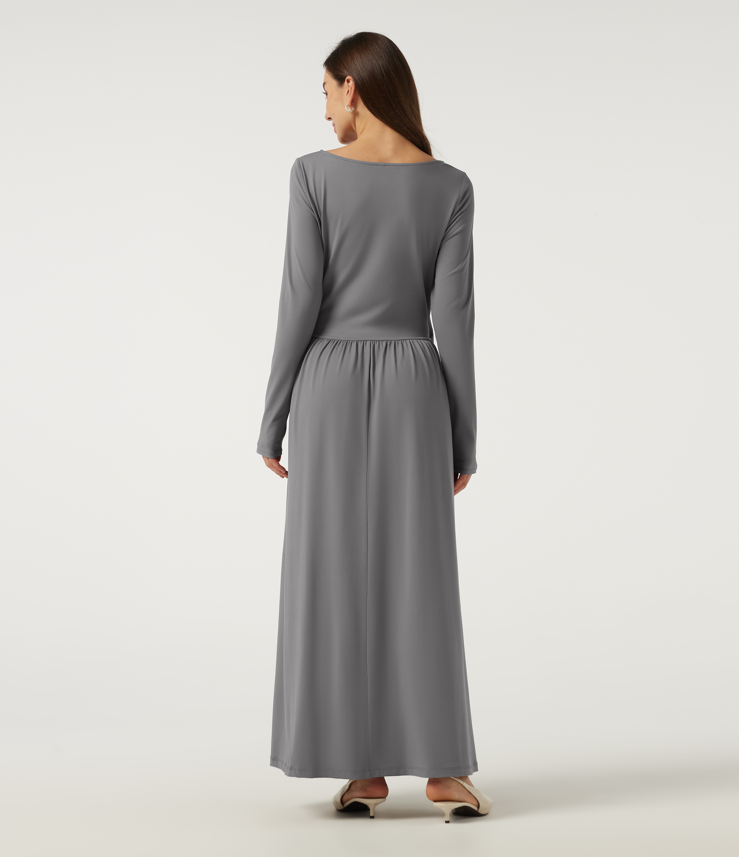 Ultimate Gray Boat Neck Long Sleeve A-Line Casual Maxi Dress with Pockets / 2