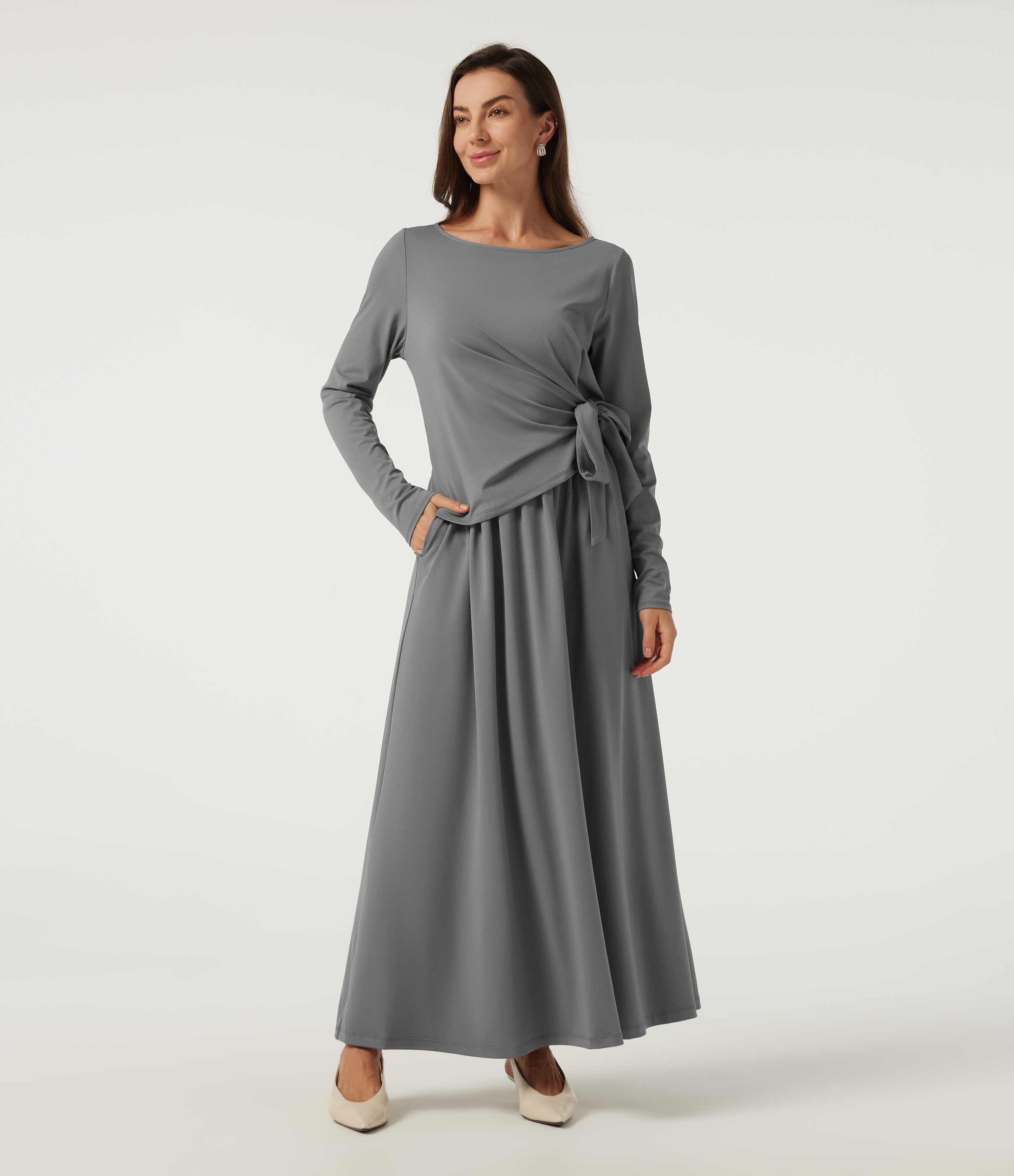 Boat Neck Long Sleeve A-Line Casual Maxi Dress with Pockets
