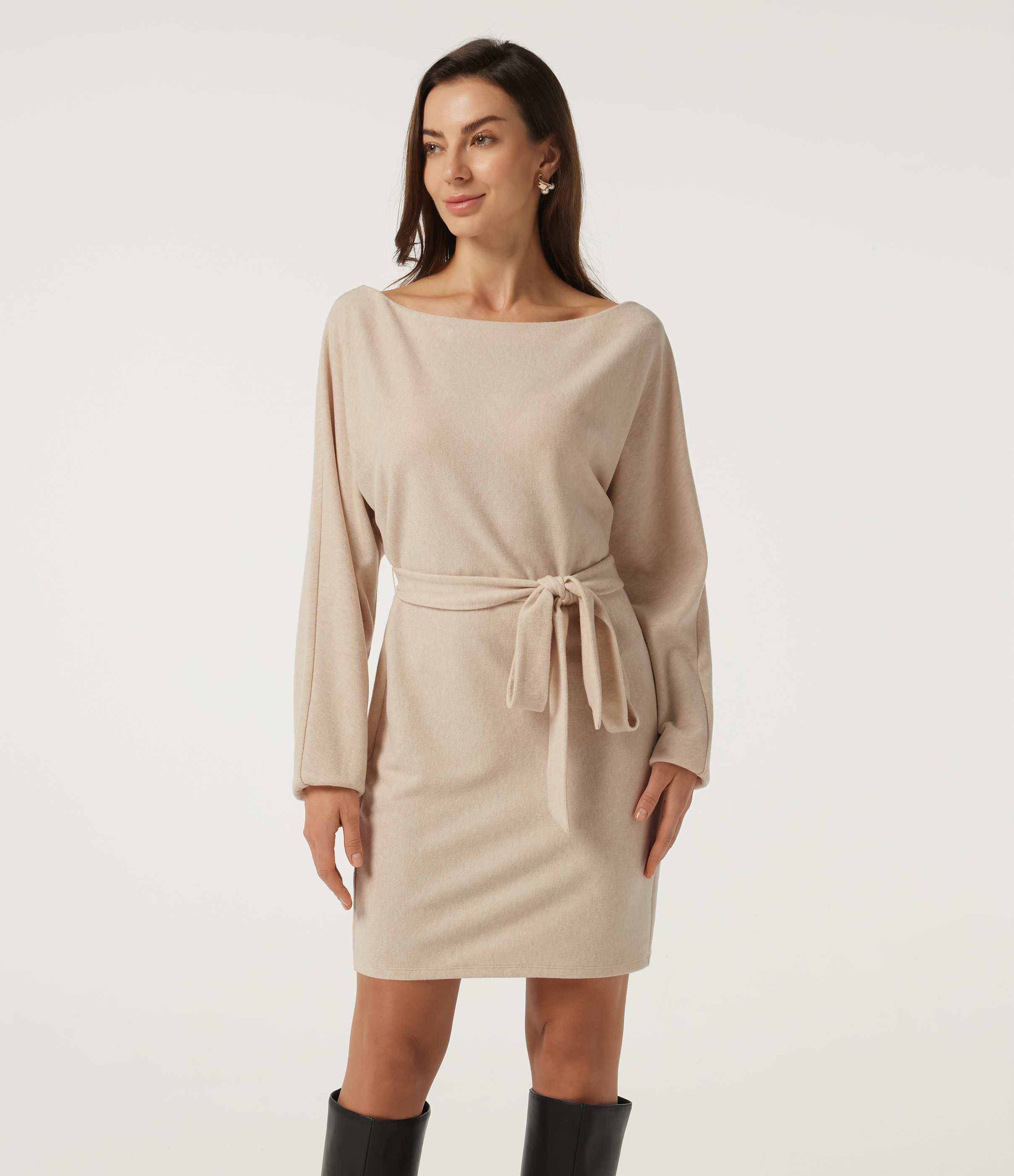 Ribbed Knit Boat Neck Long Sleeve Belted Bodycon Casual Mini Dress-Longer Length
