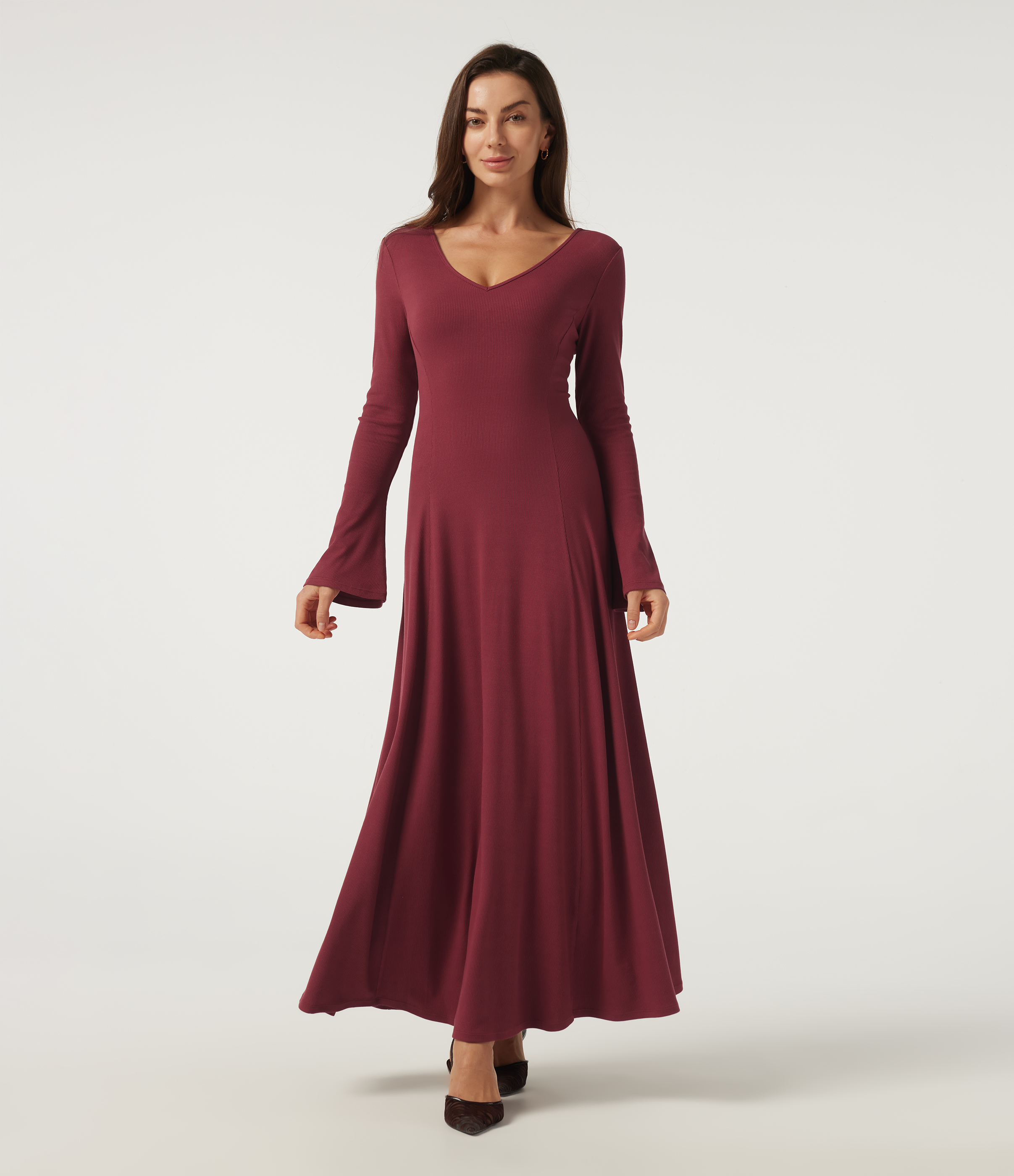 Ribbed Knit V Neck Flounce Long Sleeve A-Line Casual Maxi Dress
